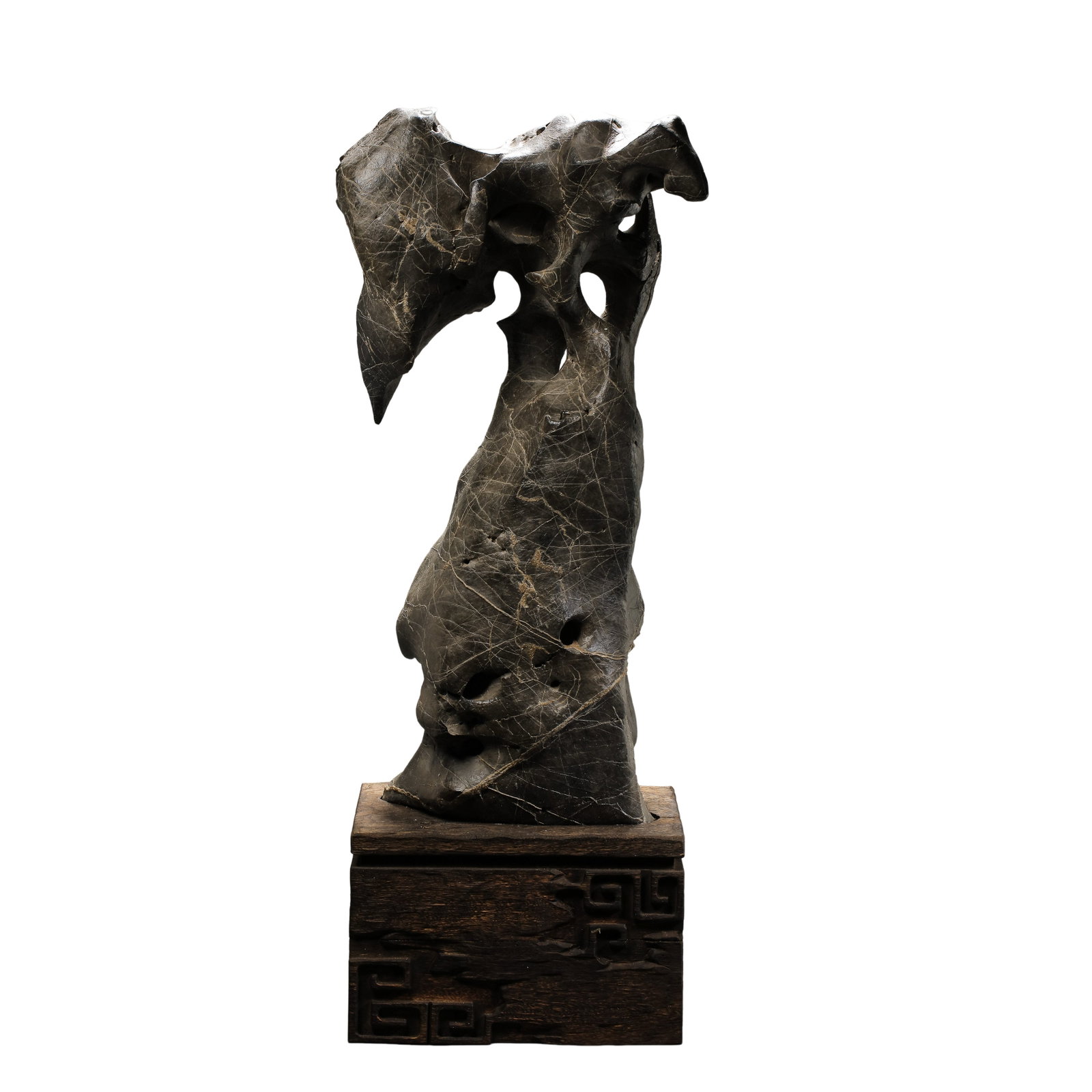 Black Taihu Scholar's Rock,Qing Dynasty,18th?19th Century: Dimensions:Overall height with stand 75 cm (29.53 in),maximum width 27 cm (10.63 in),Qing Dynasty,18th?19th CenturyCondition & Provenance:This Taihu rock is an unaltered natural stone with complete fo