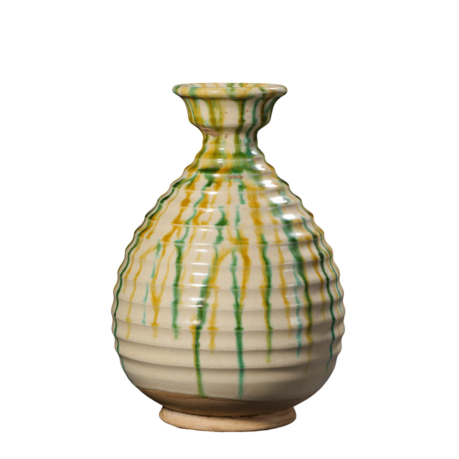 Sancai Glazed Ribbed Plate?Mouth Vase,Tang Dynasty,7th?9th Century: Dimensions:Height 17.5 cm (6.89 in),Tang Dynasty,7th?9th CenturyCondition & Provenance:The vase is completely intact,free of cracks,chips and modern restoration.The whole body is covered with sancai g
