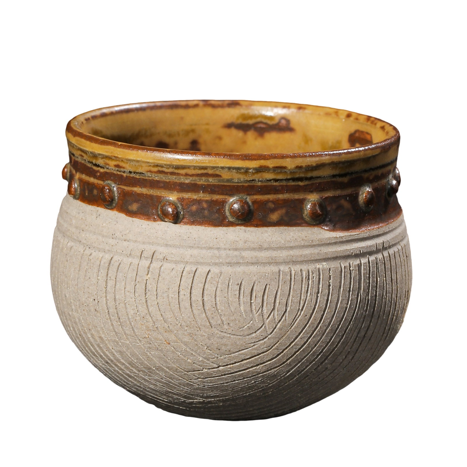 Small Jar with Brown?Yellow Glaze,Stud Ornament and Incised Comb?Marks,Tang Dynasty,7th?10th (1 of 9)