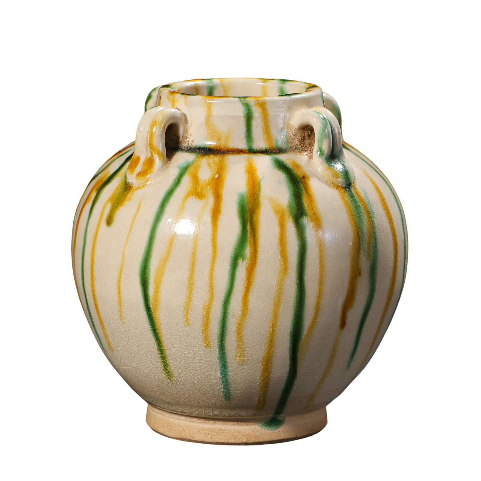 Sancai Drip?Glazed Four?Loop?Handle Jar,Tang Dynasty,7th?9th Century: Dimensions:Mouth diameter 9 cm (3.54 in),Height 9.5 cm (3.74 in),Tang Dynasty,7th?9th CenturyCondition & Provenance:The jar is completely intact,free of cracks,hidden chips or any restoration.It is fu