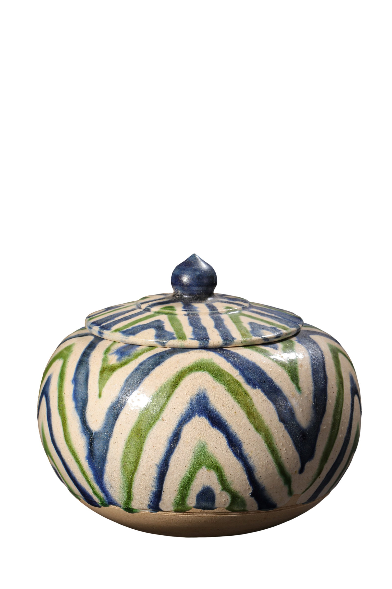Sancai Covered Jar with Blue?Green Geometric Pattern,Tang Dynasty,7th?9th Century: Dimensions:Maximum belly diameter 10 cm (3.94 in),Overall height 8.3 cm (3.27 in),Tang Dynasty,7th?9th CenturyCondition & Provenance:The jar and its original matching lid survive fully complete,no cra