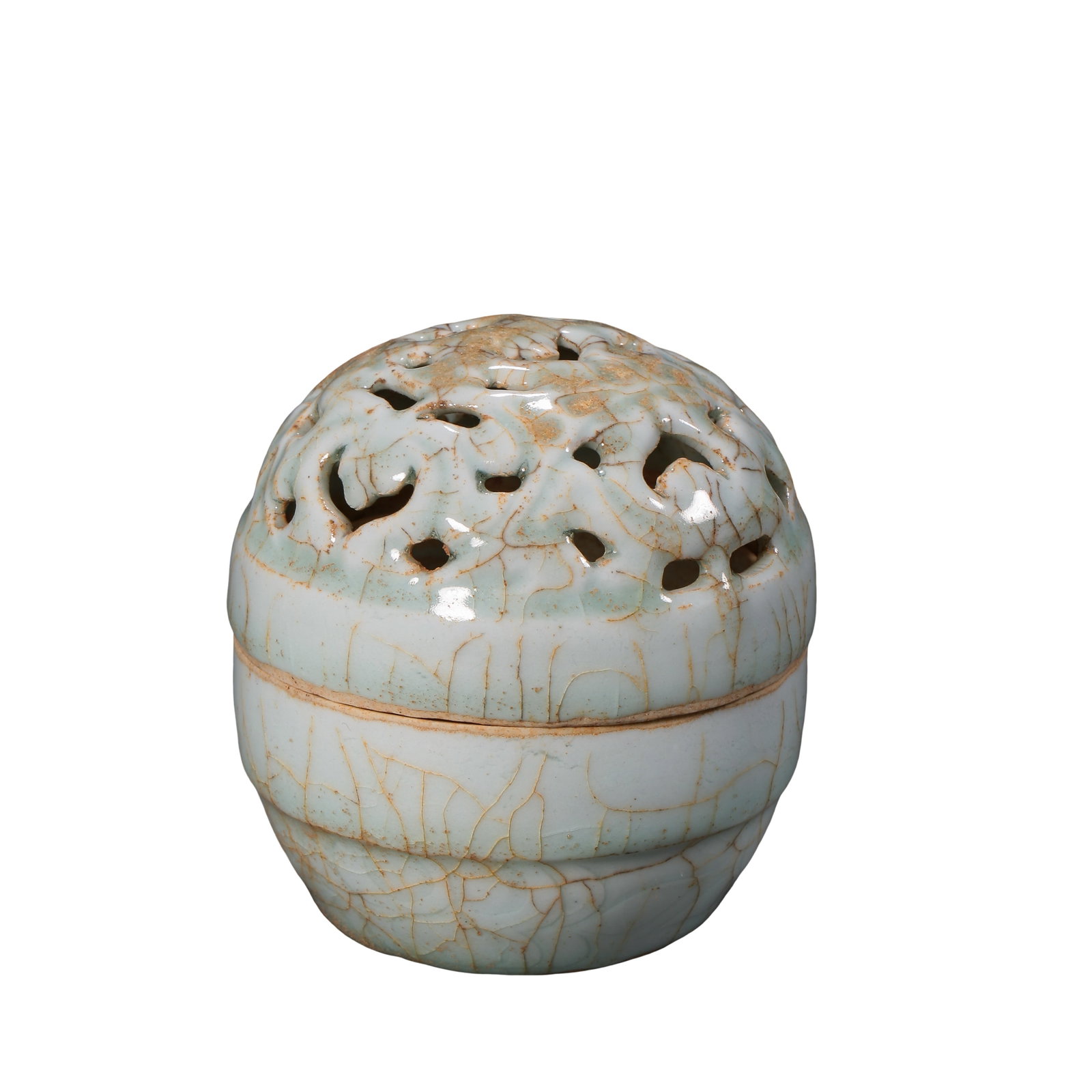 Hutian?Kiln Yingqing Glazed Open?work Scroll?Pattern Censer,Song Dynasty,10th?13th Century: Dimensions:Height 8.5 cm (3.35 in),Mouth diameter 8.2 cm (3.23 in),Song Dynasty,10th?13th CenturyCondition & Provenance:Censer lid and base form a complete original set.No breakage or missing loss on 
