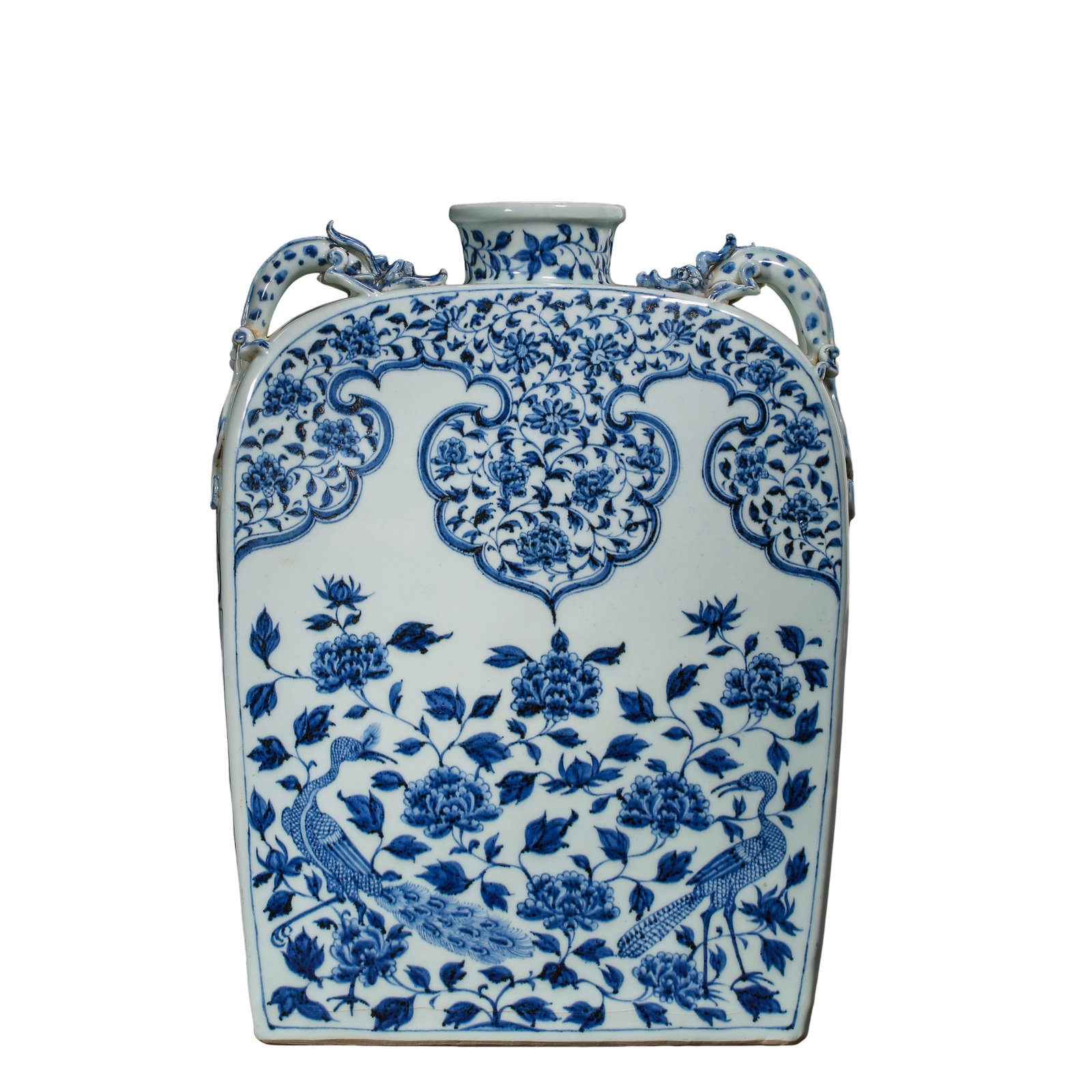 Yuan Blue?and?White Large Flat Vase with Peacock?Peony Motifs and Double Chi?Dragon: Dimensions:Height 38 cm (14.96 in),Width 28 cm (11.02 in),Yuan Dynasty,13th?14th CenturyCondition & Provenance:The vase is largely complete.Two chi?dragon handles are preserved in full.Main peacock?an
