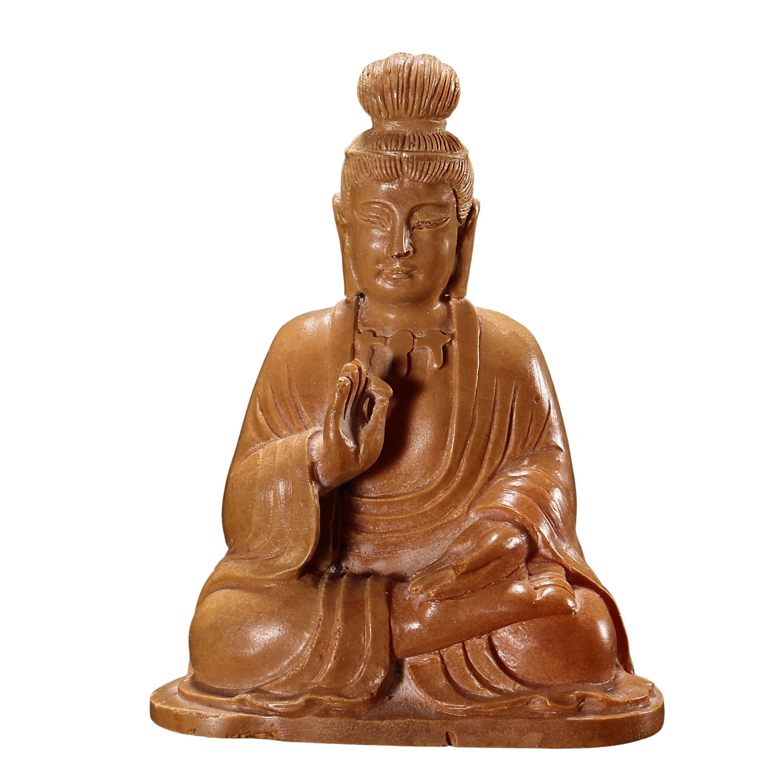 Liao?Jin Period Amber Seated Shakyamuni Buddha,10th?13th Century: Dimensions:Height 7.9cm,width 6cm,weight 53gCondition & Provenance:Carved from a single piece of natural amber,the sculpture delivers warm texture with rich antique honey?yellow tone under thick gloss