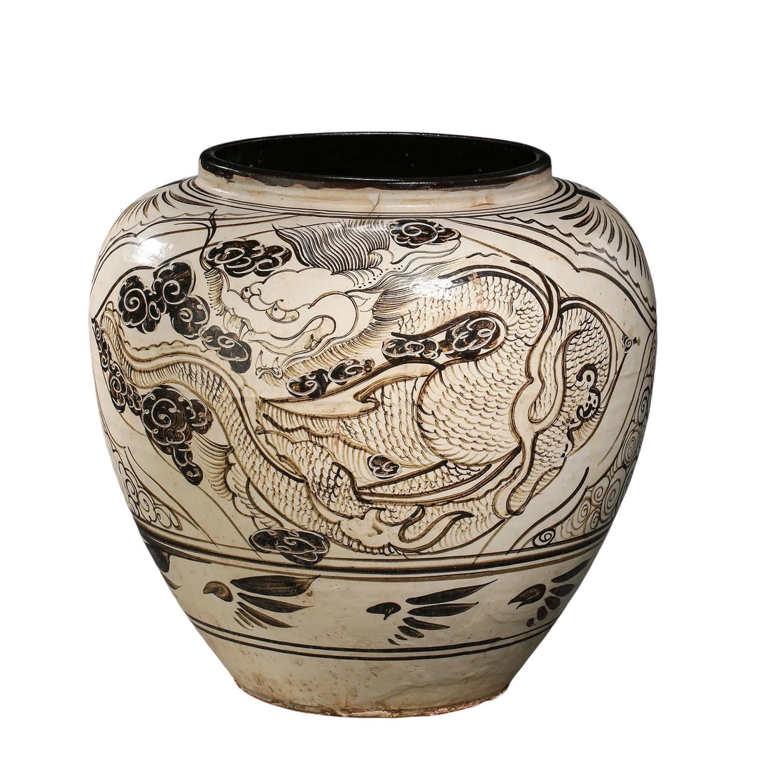 Cizhou?Kiln Large Jar with Black?Painted Dragon?Cloud Decoration on White Ground,Jin?Yuan: Dimensions?Height 37 cm (14.57 in),Mouth diameter 23 cm (9.06 in),Jin?Yuan Dynasty,12th?14th CenturyCondition & Provenance?The jar is structurally intact without penetrating cracks.There are minor age