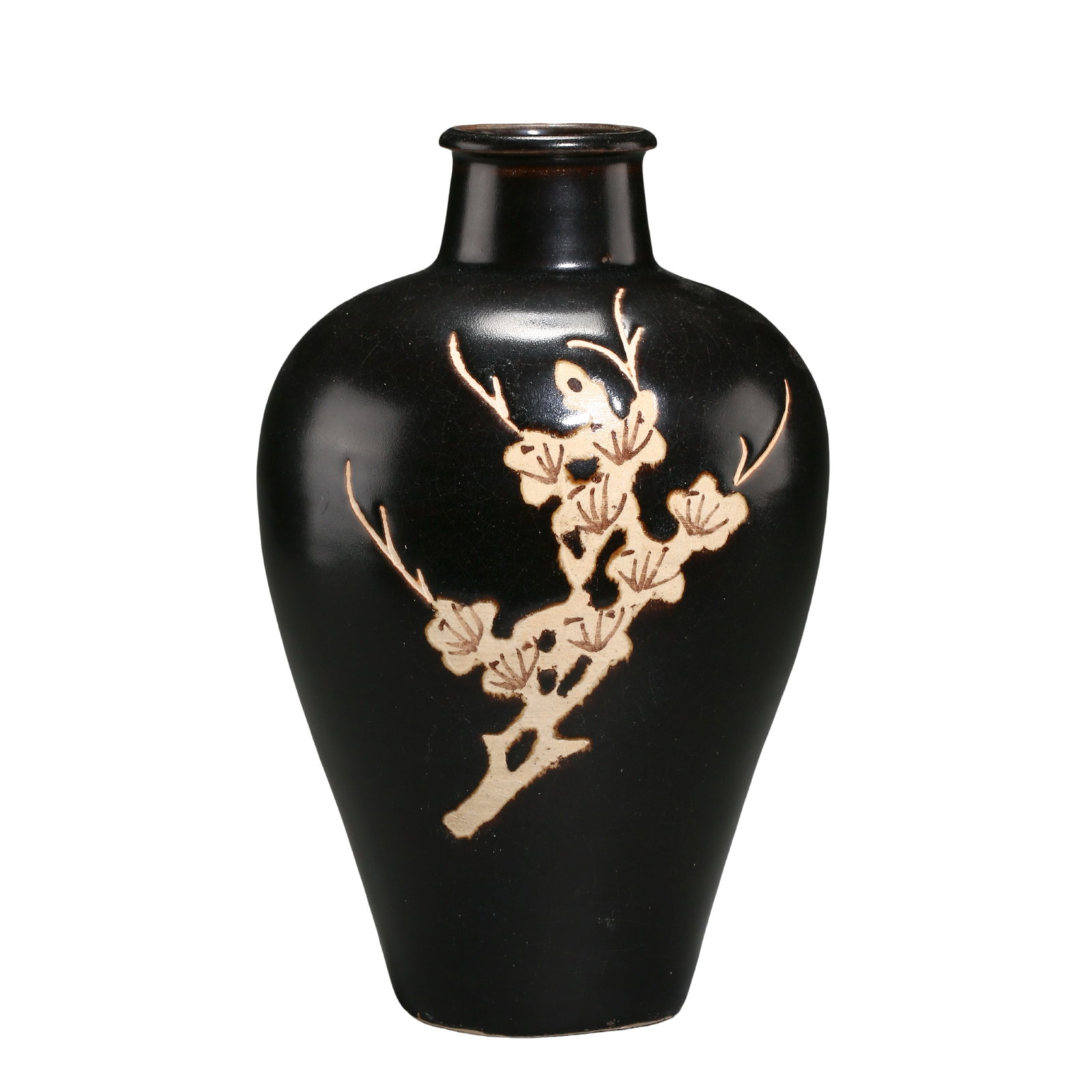 Jizhou?Kiln Black?Glazed Prunus?Blossom Carved Meiping Vase,Song Dynasty,10th?13th Century: Dimensions:Height 19 cm (7.48 in),Mouth diameter 4.5 cm (1.77 in),Song Dynasty,10th?13th CenturyCondition & Provenance:This meiping vase is fully intact with no cracks,chips or repairs.The whole black