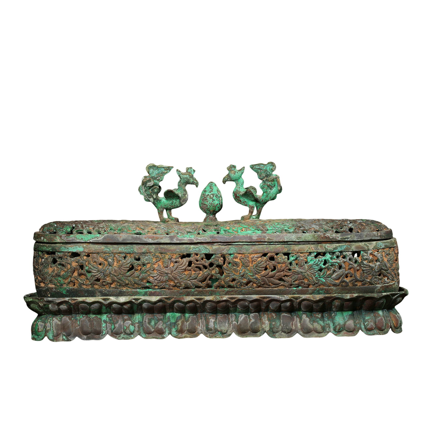 Openwork Bronze Censer With Double?Phoenix Finial,Liao?Jin Dynasty,10th?13th Century: Dimensions:Length 36 cm (14.17 in),Height 16 cm (6.30 in),Weight 3600 g (7.94 lbs),Liao?Jin Dynasty,10th?13th CenturyCondition & Provenance:The complete three?part censer is fully assembled,consisting