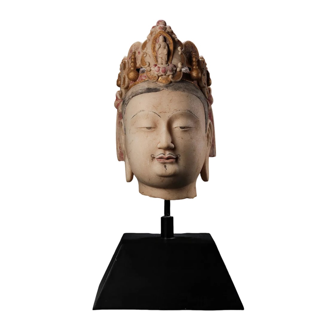 Painted and Gilded White Marble Bodhisattva Head,Northern Qi?Sui Dynasty,6th?7th Century: Dimensions:Height 37 cm (14.57 in),Width 20 cm (7.87 in),Northern Qi?Sui Dynasty,6th?7th CenturyCondition & Provenance:The bodhisattva head survives as a torso?less fragment,broken cleanly at the neck