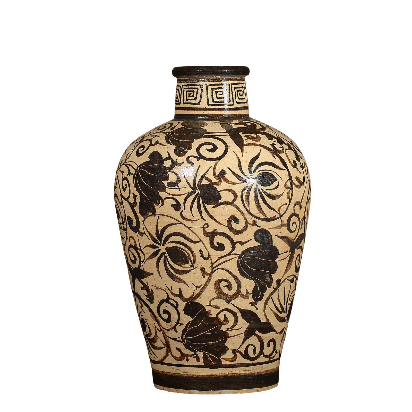 Cizhou?Ware White?Ground Black?Painted Meiping Vase with Interlocking Floral Scroll,: Dimensions:Height 21 cm (8.27 in), Mouth Diameter 4.5 cm (1.77 in)Condition & Provenance:The body is made of classic off?white coarse pottery typical for Cizhou kiln with solid weight. The unglazed ba