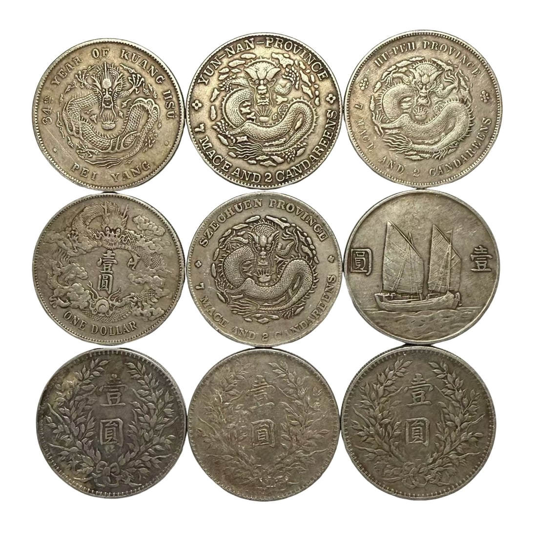 A Group of Nine Chinese Silver Dollars, Qing Dynasty to the Republic of China: Period?Guangxu Reign of Qing to the 23rd Year of the Republic of China (1898?1934), Early 20th CenturyDimensions?Each coin approx. 39mm (1.54 inches) in diameter Condition & Provenance?Original aged t
