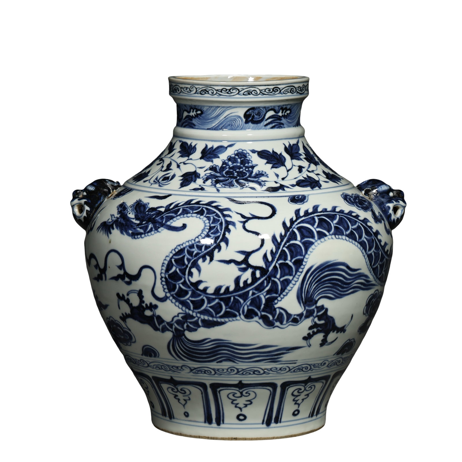 Yuan?Dynasty Blue and White Dragon?Patterned Jar with Twin Beast?Head Handles (1 of 10)