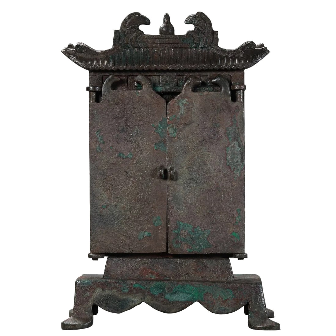 Liao Dynasty Bronze Pavilion?Style Shrine With Multiple Buddhas,10th?12th Century,: Dimensions:Height 25cm(9.84in),Width 16.5cm(6.50in),Weight 2969gCondition & Provenance:Fully cast in bronze,this complete set retains every original component including roof,hinged double doors,centra