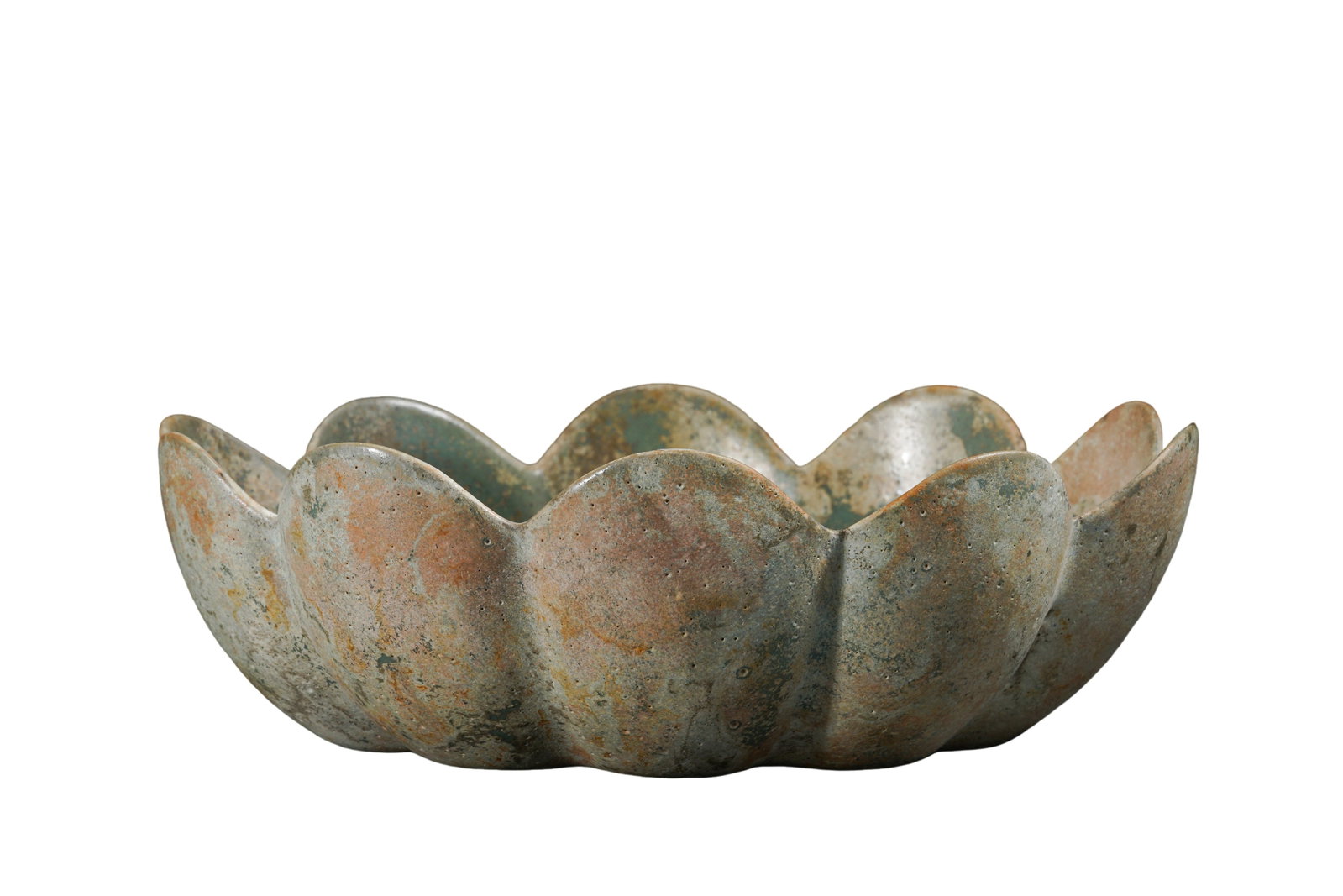 Tang?Dynasty Bronze?Gilt?Remnant Floral?Lobed Bowl: Dimensions?Height 5.7?cm (2?1/4?in), Mouth Diameter 8.6?cm (3?3/8?in); Tang DynastyCondition & Provenance?This flower?lobed bronze bowl retains heavy burial?induced surface alteration across interior 