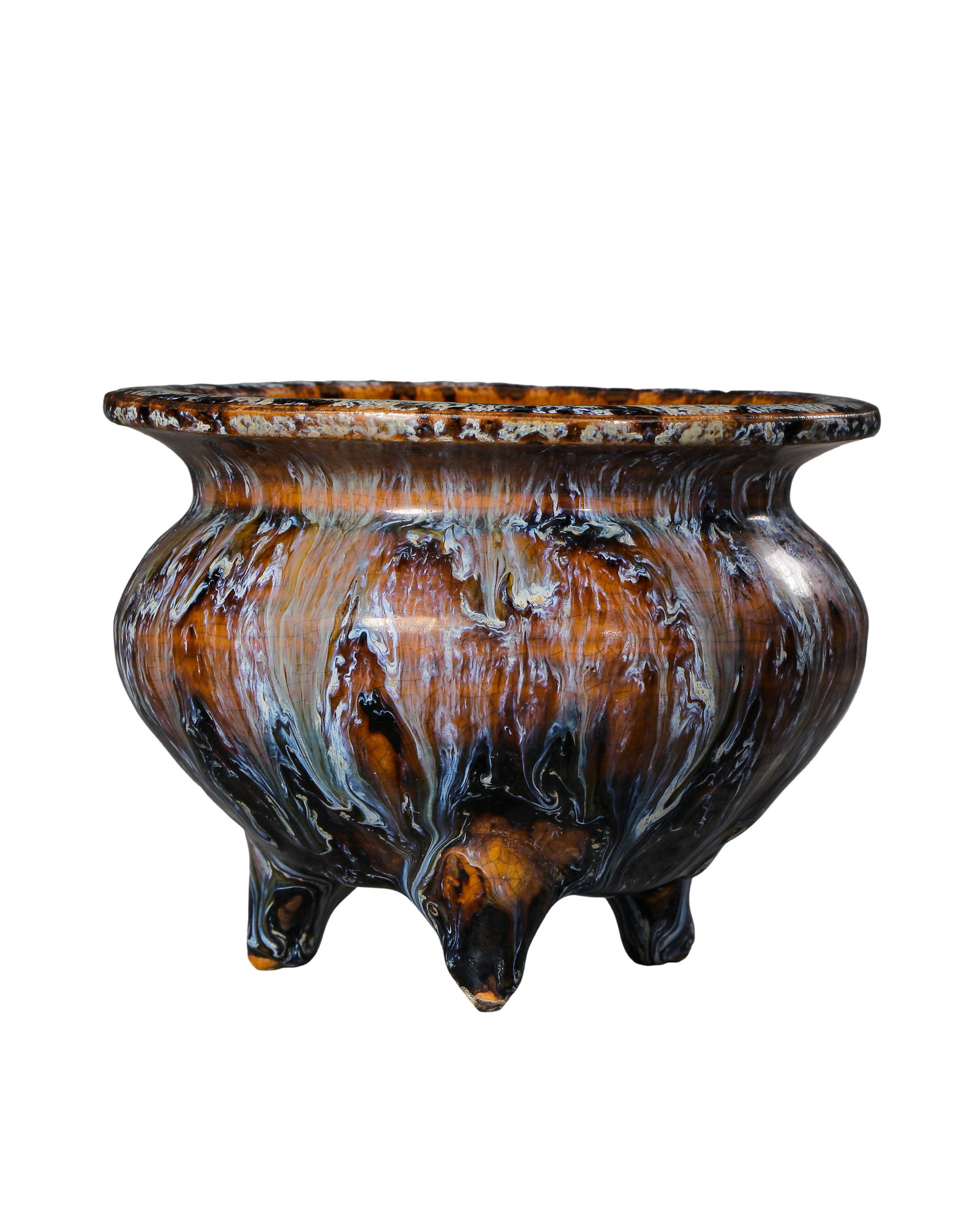 Song?Yuan Dynasty Splashed?Flambé Glaze Tripod Censer: Dimensions?Height 9.2?cm (3?5/8?in), Mouth Diameter 12?cm (4?3/4?in); Song?Yuan DynastyCondition & Provenance?This attractive tripod censer maintains its complete original form with all three feet int