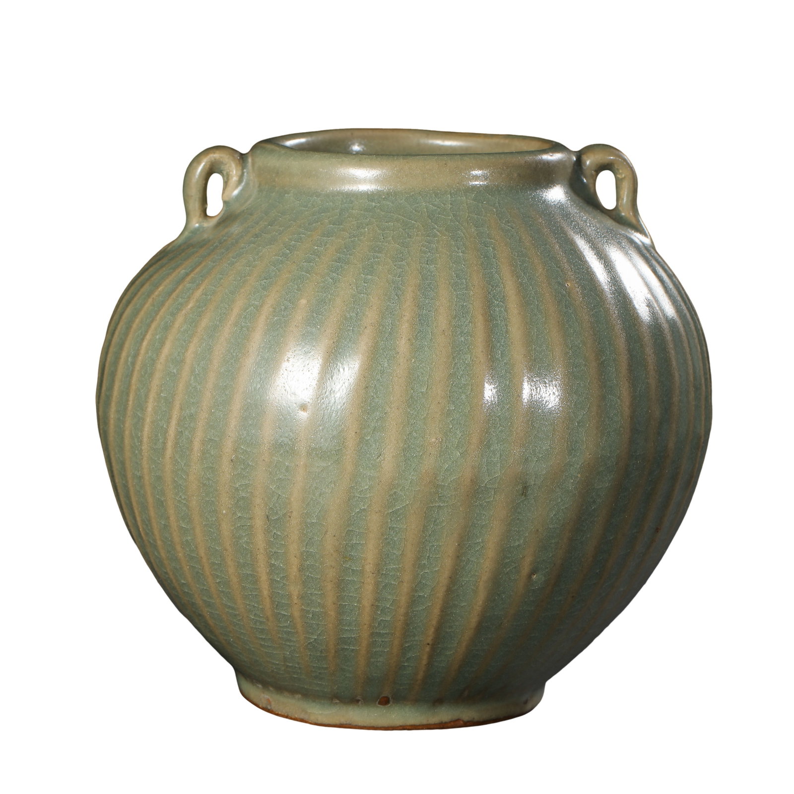 Longquan Celadon Ribbed Two?Handled Jar,Yuan Dynasty: Dimensions:Height 15cm (5?7/8in)Condition & Provenance:Alright,this authentic Yuan?period Longquan celadon jar is free of penetrating cracks and major restorations,the whole surface presents natural c