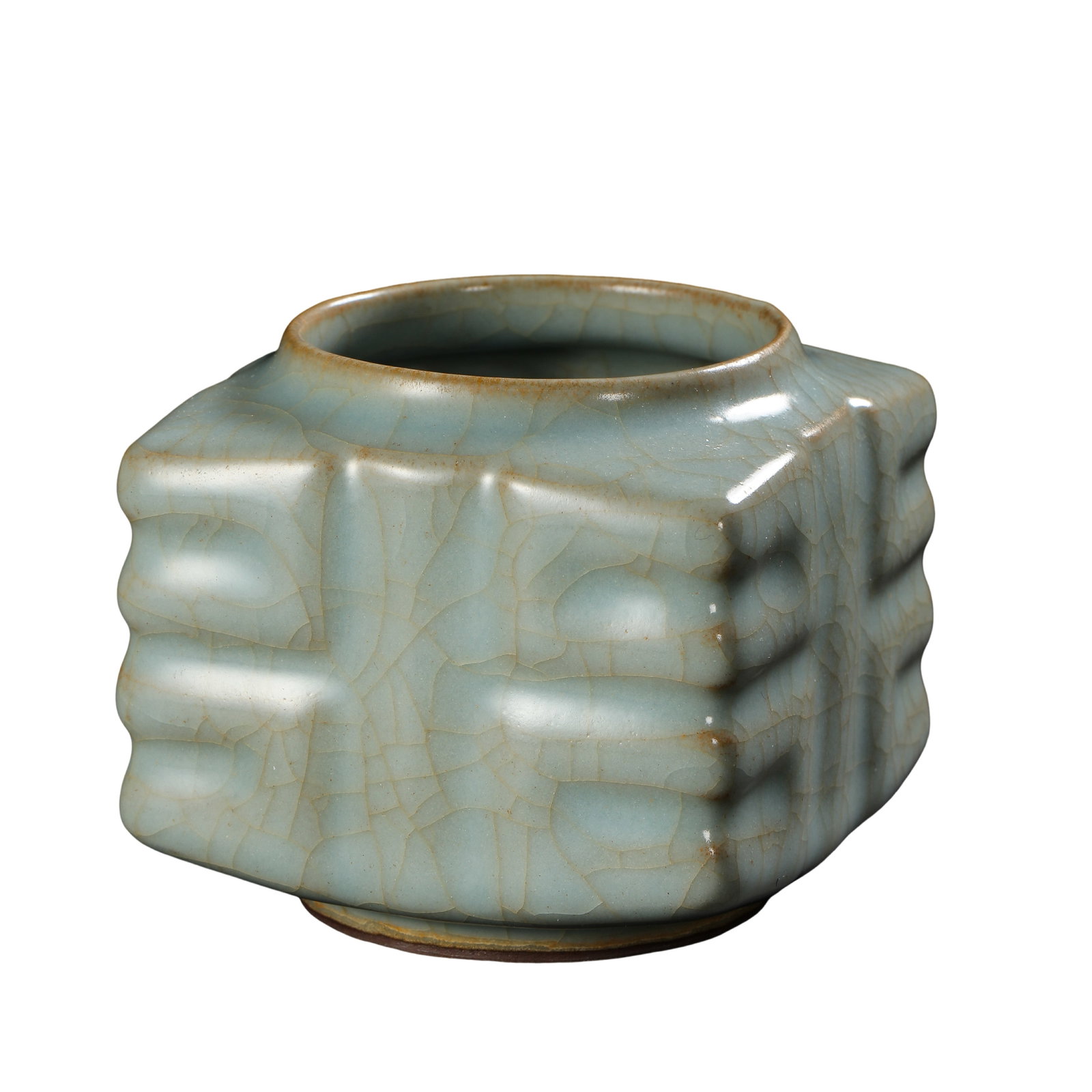 Guan?Type Celadon Cong?Form Water Pot,Southern Song Dynasty: Dimensions:Width 8cm (3?1/8in),Height 7.3cm (2?7/8in)Condition & Provenance:Alright,this authentic Southern?Song?dynasty guan?type cong?form water pot is free of penetrating cracks and major restorati
