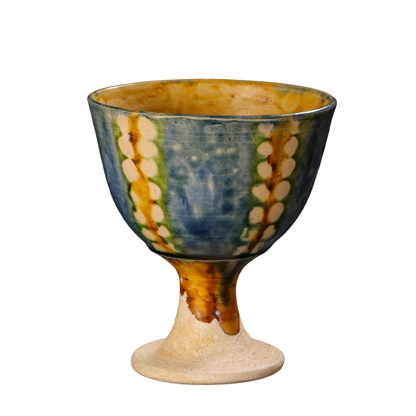 Tang?Dynasty Sancai?Glazed Stemmed Goblet: Dimensions:Height 10.5cm (4?1/8in),Diameter 9cm (3?9/16in)Condition & Provenance:Alright,let’s closely examine this authentic Tang?era sancai?glazed stemmed goblet.This fine ancient artifact has