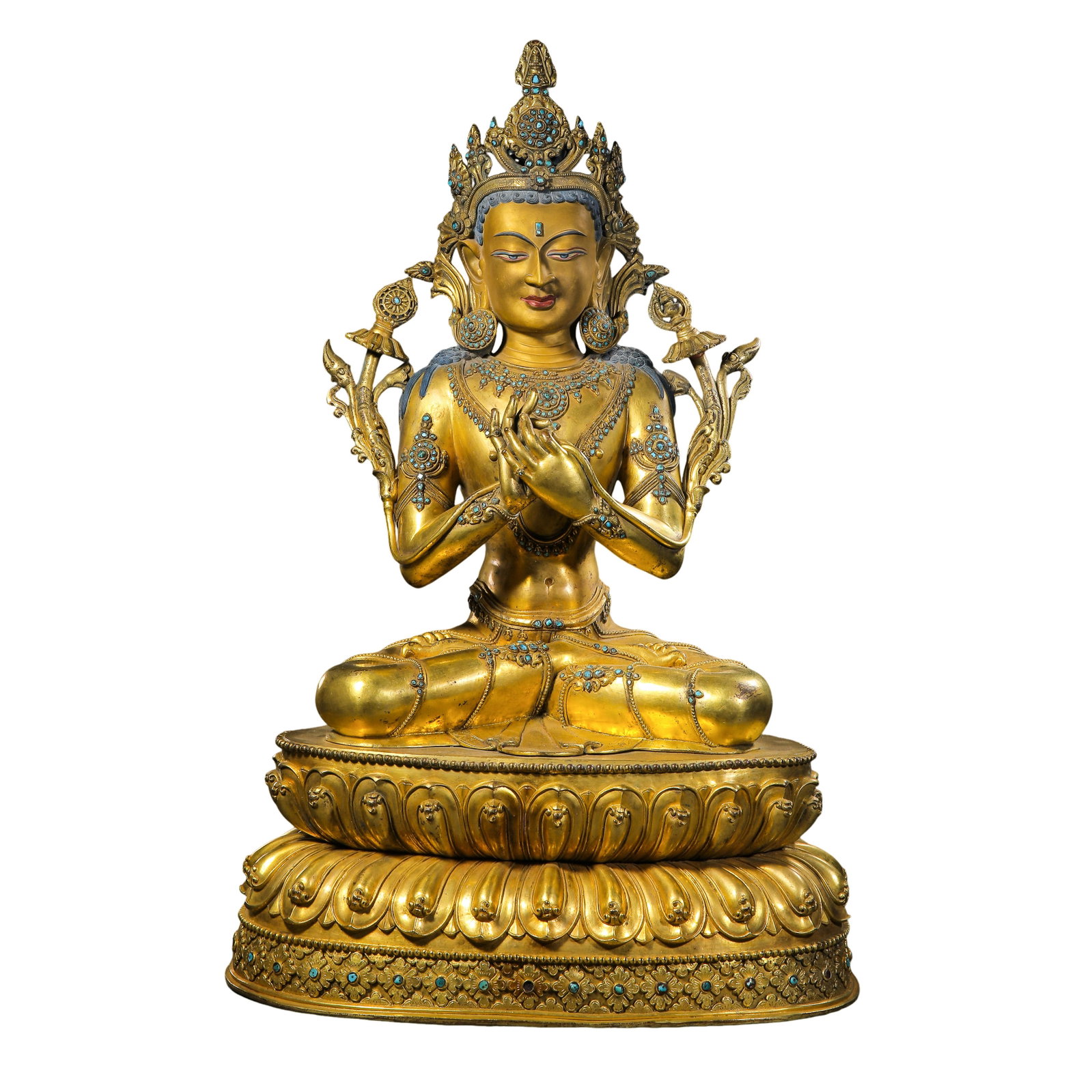 18th Century,Tibetan Gilt?Bronze Seated Manjushri Bodhisattva: Dimension?H 61cm(24.02in),W 40cm(15.75in),Weight 20kg,18th Century Condition & Provenance?The gilt surface remains largely well?preserved with thick original gilding.There are natural age?related wear