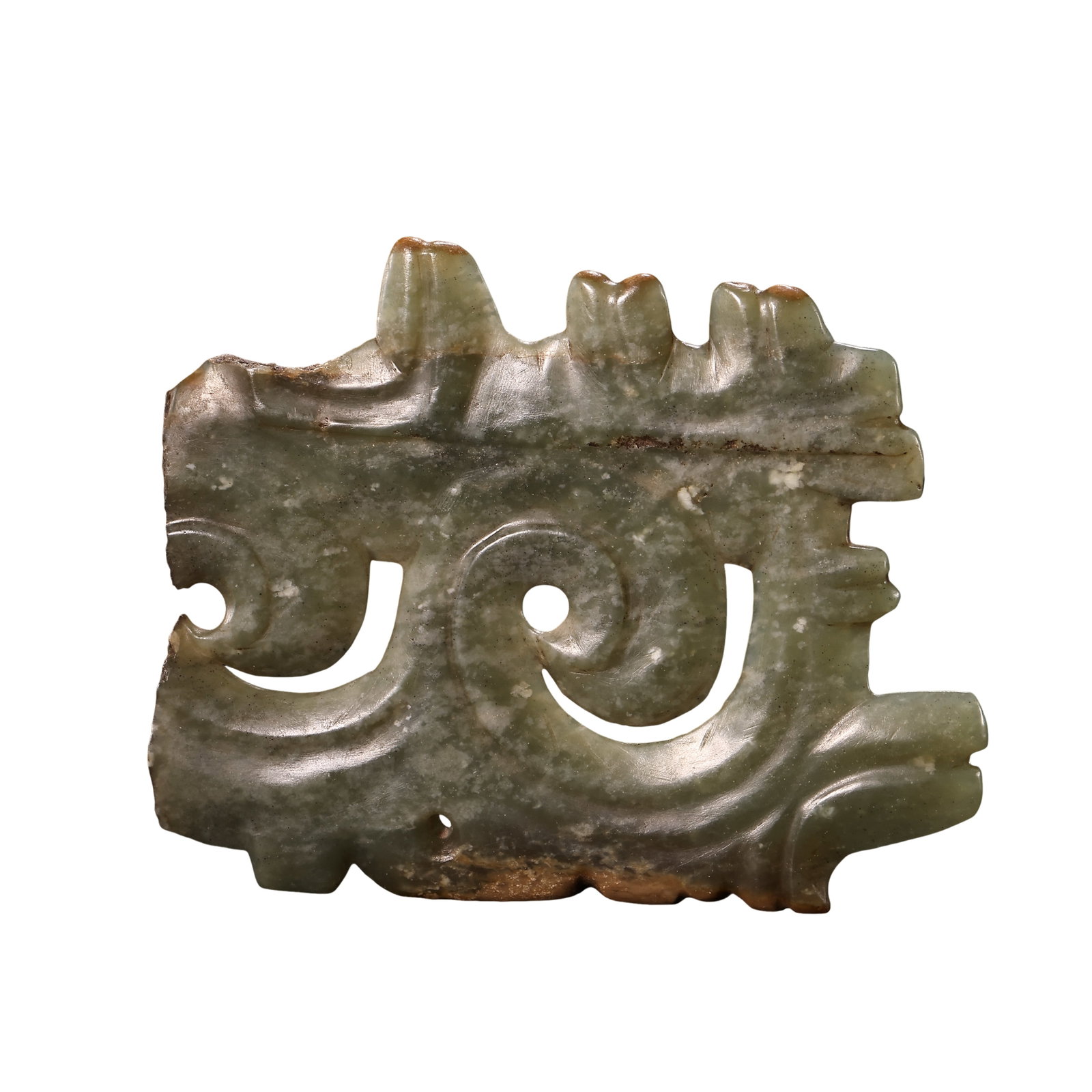 Hongshan Culture Openwork River?Abraded Jade Ornament, Neolithic Period: Dimensions:Width 10cm (3?15/16in), Height 8cm (3?5/32in), Weight 75gCondition & Provenance:This Neolithic Hongshan?culture openwork river?abraded jade ornament retains its ancient fragmented state, wi