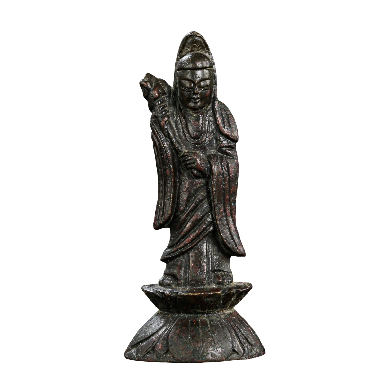 Bronze Standing Guanyin Figure on Lotus Base, Ming Dynasty: Dimensions:Height 9.3cm (3?21/32in), Width 4.2cm (1?21/32in), Weight 106gCondition & Provenance:This Ming?dynasty bronze Guanyin retains its original integrated lotus pedestal. The surface bears natur