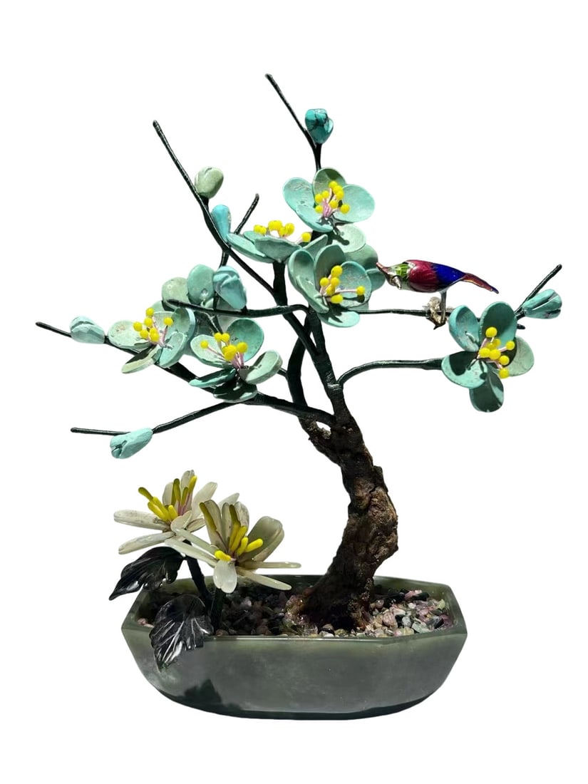 Chinese Hardstone Bonsai Tree with Enamel Bird, Mid?20th Century: Dimensions:Height 22cm (8?11/16in), Width 17.5cm (6?7/8in)Condition & Provenance:Overall original condition with no major breaks or repairs. Turquoise?carved plum blossoms, pale celadon jade chrysanth
