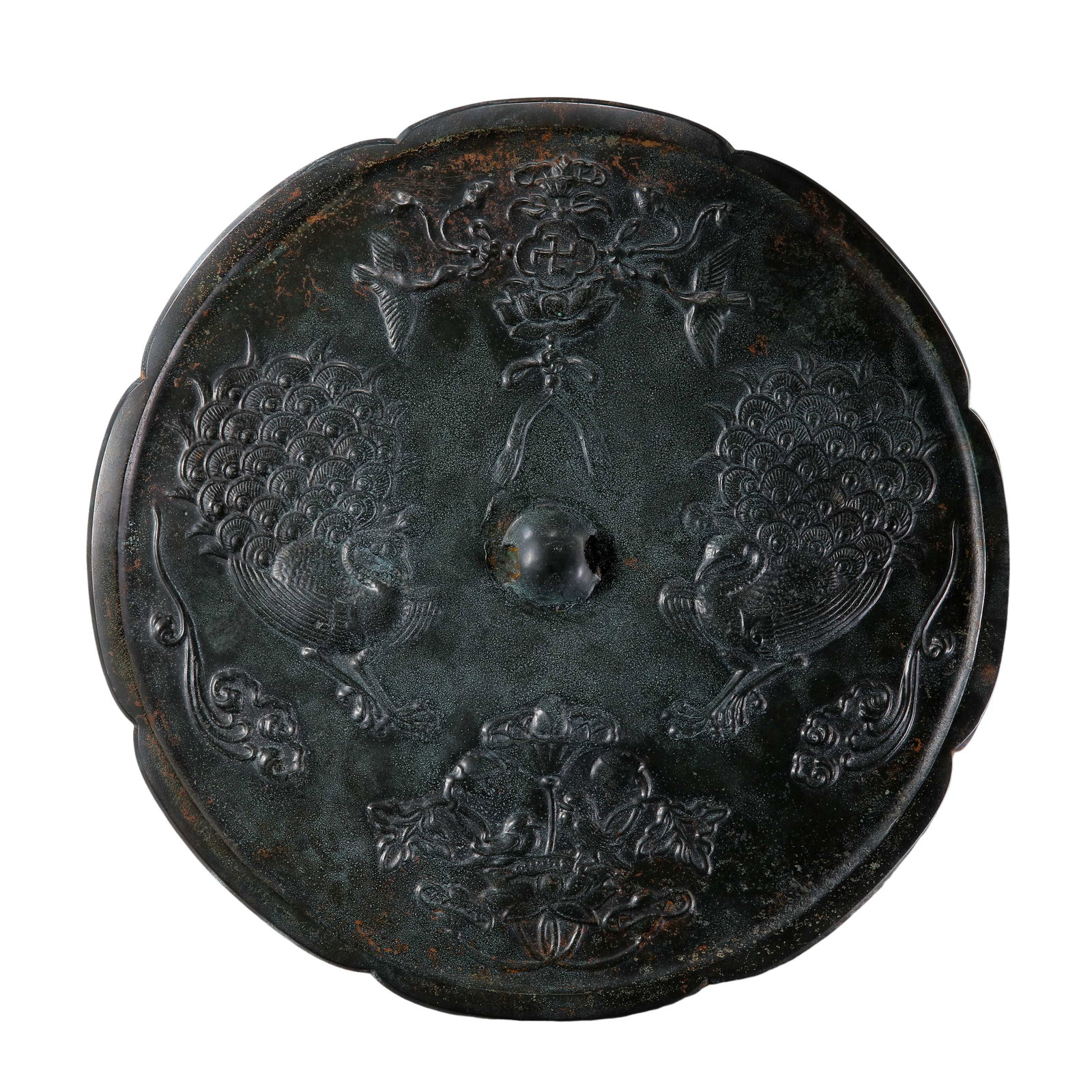 Large Bronze Floral?Peacock Lobe?Shaped Mirror, Tang Dynasty (1 of 9)