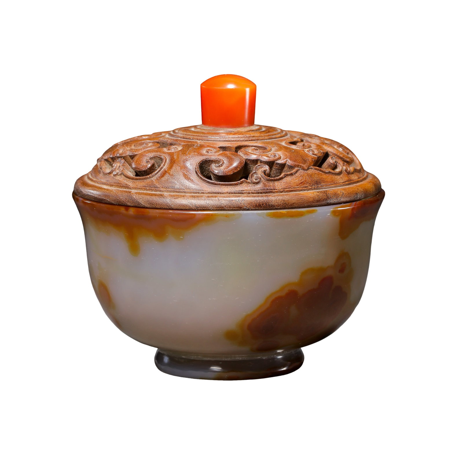 Agate Bowl with Carved Wood Cover and Carnelian Finial, Qing Dynasty (1 of 7)