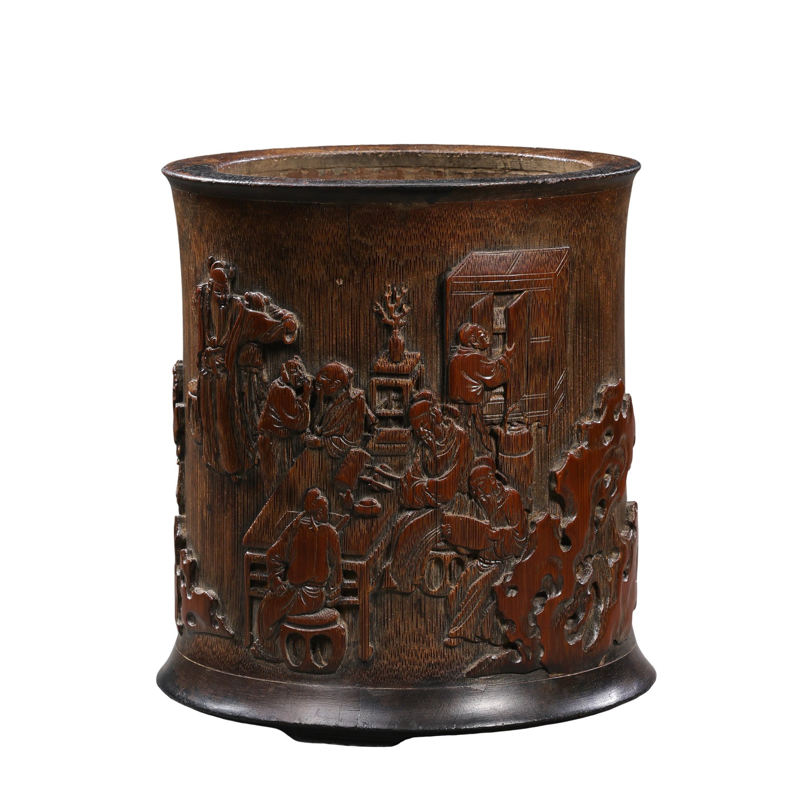 Deep?Carved Bamboo Brush Pot with Literati Gathering Scene, Qing Dynasty (1 of 12)