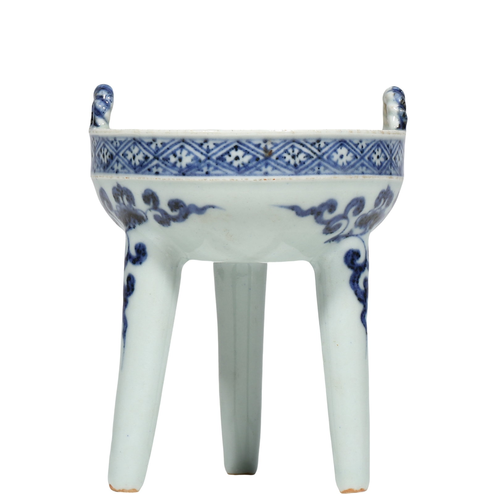 Yuan Dynasty Blue?and?White Tripod Censer with Twisted?Rope Handles & Scroll Floral: Dimensions?H. 0.426 ft. W. 0.328 ft.?H.13 cm. W.10 cm.? Condition & Provenance?The censer is structurally whole with no cracks or hidden fractures,only minor age?related wear on raised sections of twi