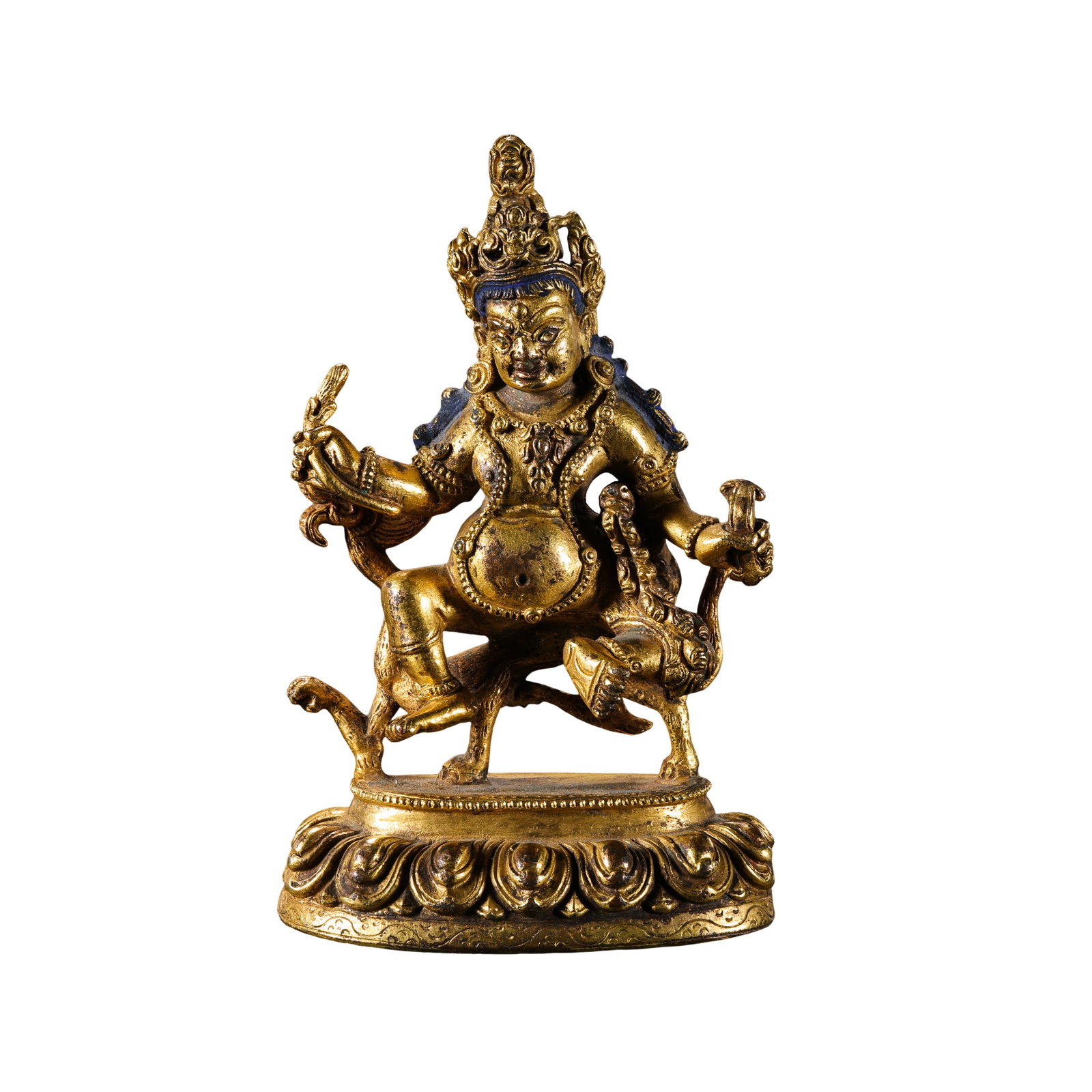 A Gilt?Bronze Statue of White Jambhala,Tibetan 18th Century: Dimensions:H 10.5cm(4?1/8in),W 7cm(2?3/4in),Weight 270gCondition & Provenance:This fine gilt?bronze White Jambhala figure remains fully intact with no major breaks,brazed repairs or modern replacement