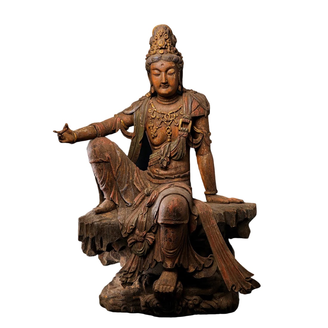 Song Dynasty Painted Wood Seated Water?Moon Guanyin: Overall Height 122cm (48 1/16 in), Width 84cm (33 1/16 in), 10?13th Century Weight:28.2kg Condition & Provenance: The sculpture retains its complete form with naturally craquelured and faded ancient p