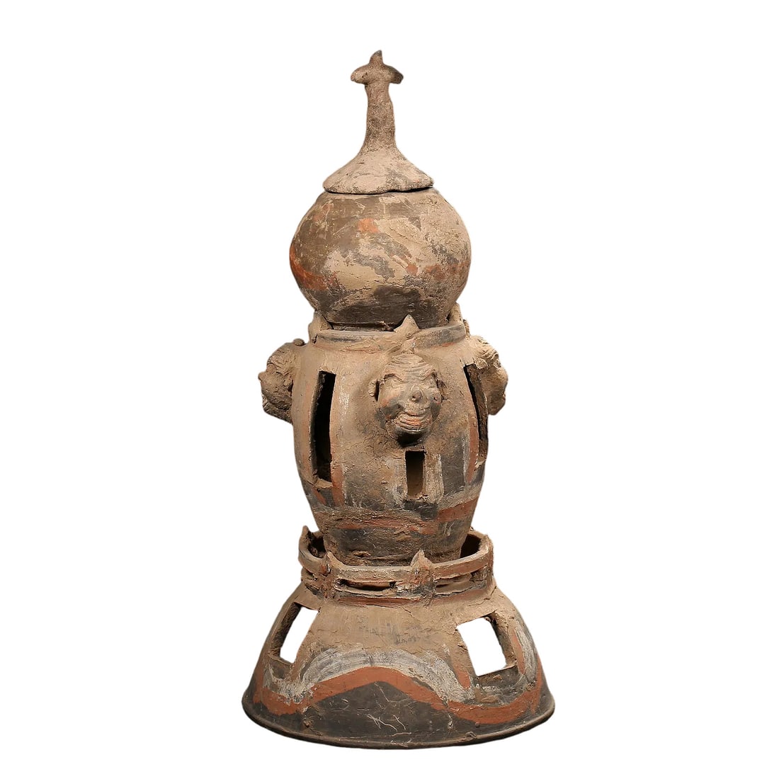 Tang?Dynasty Painted?Pottery Multi?Tiered Funerary Soul Vessel,: Dimensions:Overall height 47.5cm(18.70in),maximum width 22.5cm(8.86in),618A.D.?907A.D.Condition & Provenance:This elaborate painted pottery funerary piece survives with its complete assembly,including