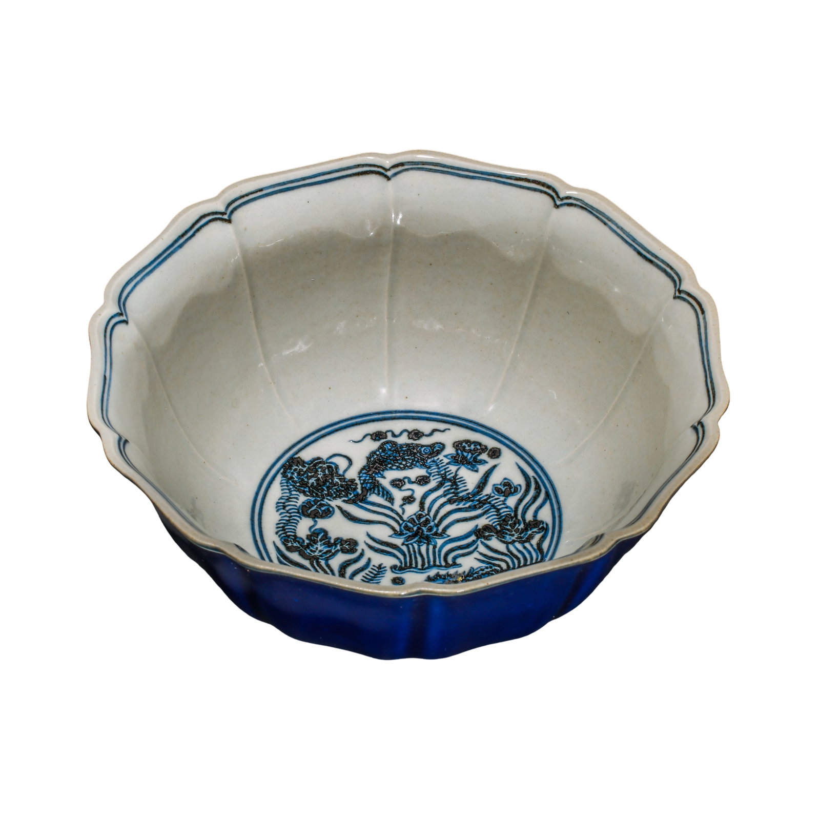 Chinese Ming Dynasty Blue?and?White Fish?and?Lotus Lobed Bowl With Sacrificial?Blue (1 of 9)