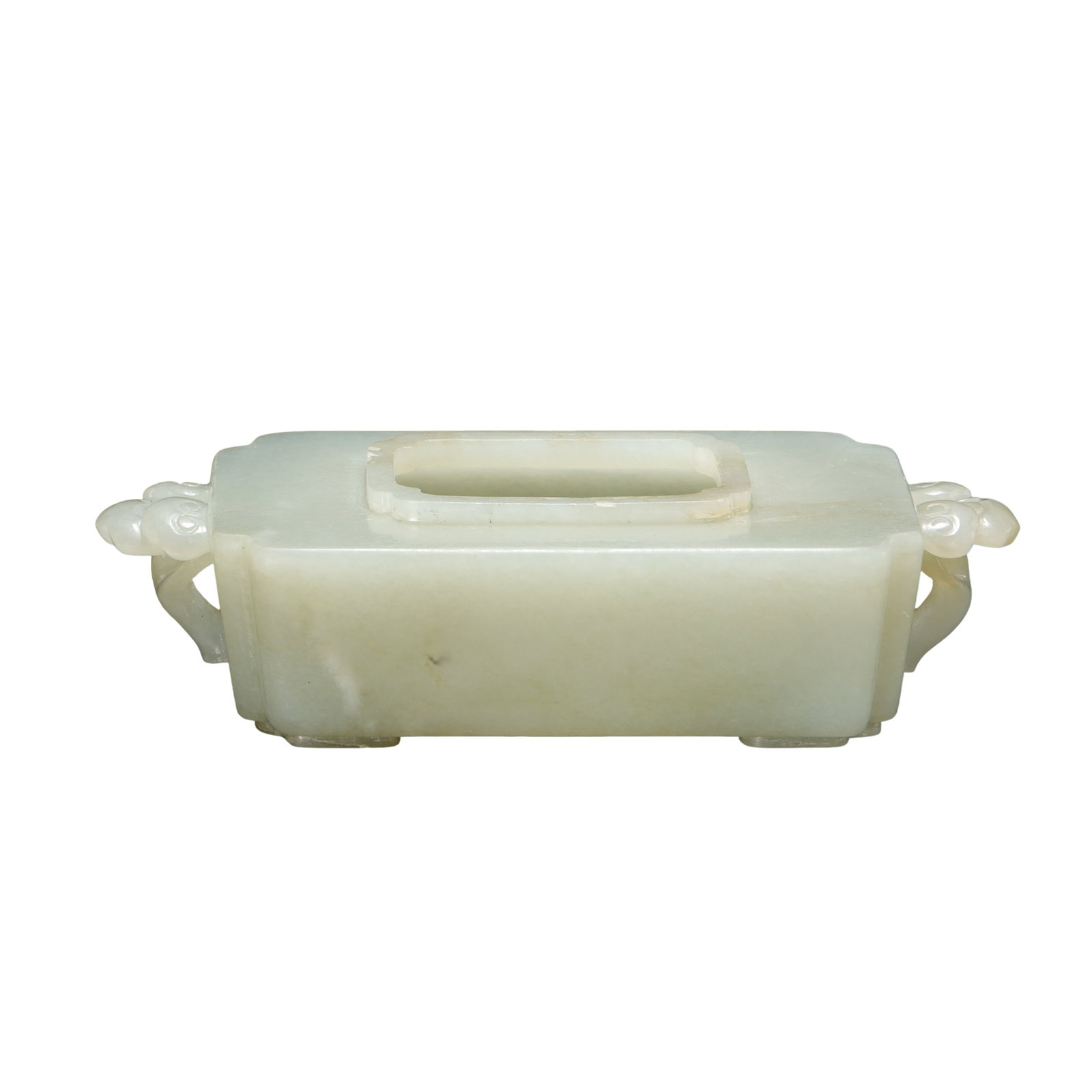 Qing Dynasty Pale Celadon Jade Rectangular Water Washer With Ruyi?Form Handles: Dimensions:Length 14 cm (5?1/2 in),Height 3.8 cm (1?1/2 in),Weight 343gCondition & Provenance:The nephrite body displays natural soft tonal variations with faint creamy?beige inclusions and subtle min