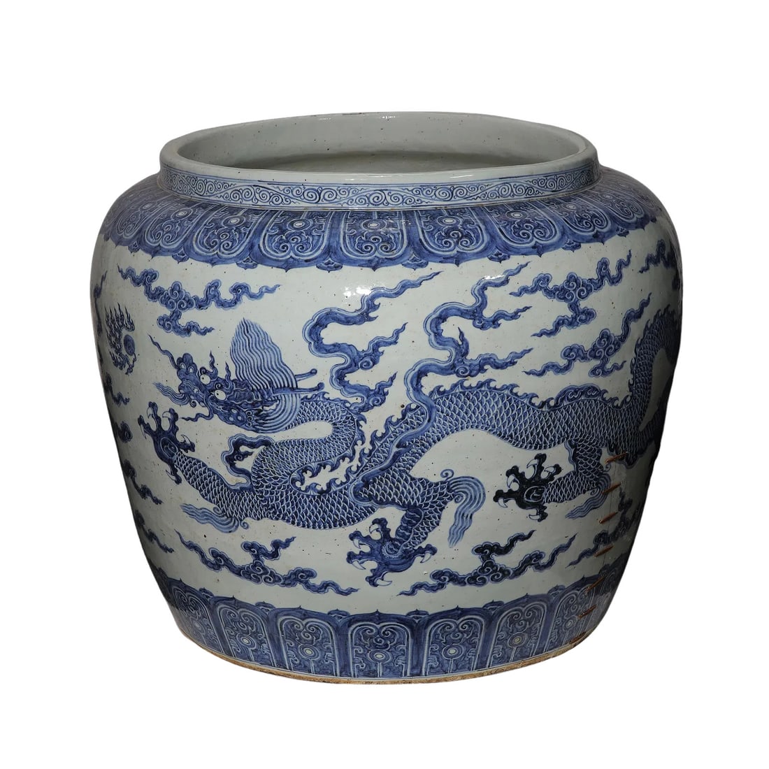 Ming Dynasty Massive Blue and White Dragon Cloud Large Storage Jar: Dimensions:Height 75 cm (29?1/2 in),Mouth Diameter 68.5 cm (26?15/16 in)Condition & Provenance:This huge jar displays authentic age?related surface wear and scattered dark speckles across the glaze,no