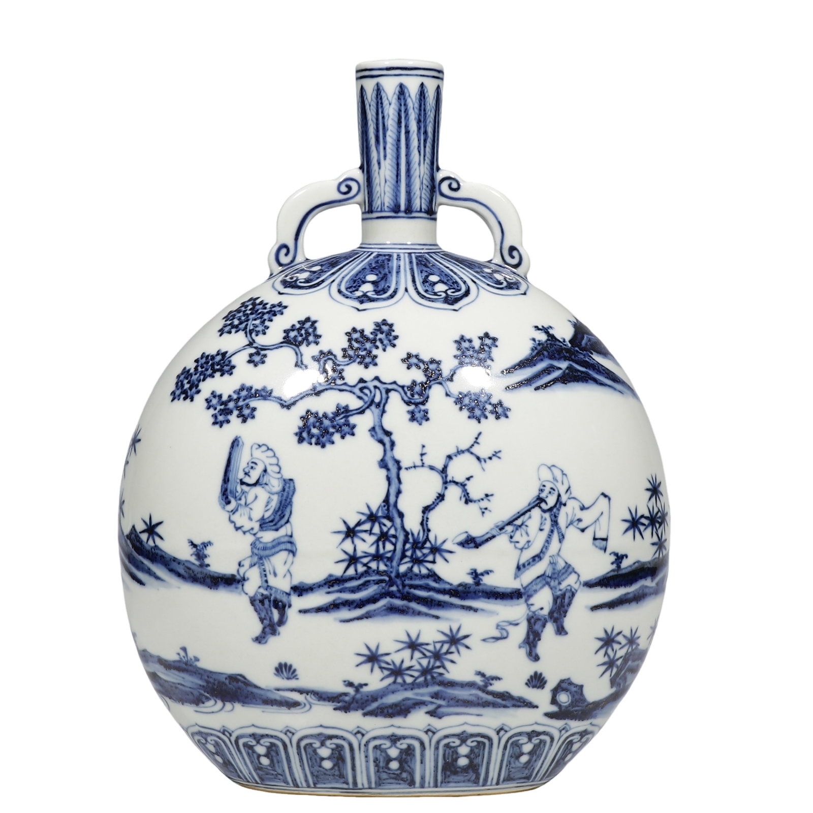 Ming Xuande Blue?and?White Moon?Shaped Flask with Foreign Musician Dancers,Ming Dynasty,Xuande: Dimensions?H.0.919 ft. H.28 cm