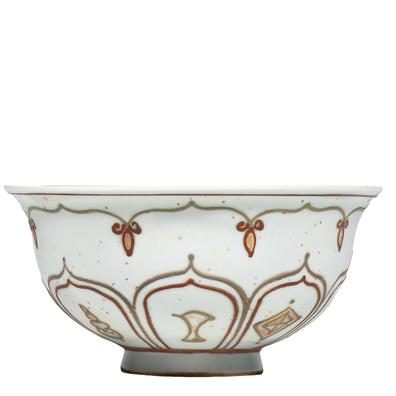 Yuan Dynasty Raised?line Gilded Bowl with Eight Auspicious Symbols: Dimensions?H.0.279ft?Diam.0.574ft?H.8.5 cm?Diam.17.5 cm? Condition & Provenance?No cracks or hairlines. Minor age?related wear on rim, partial gilding worn naturally, typical for ancient polychrome po