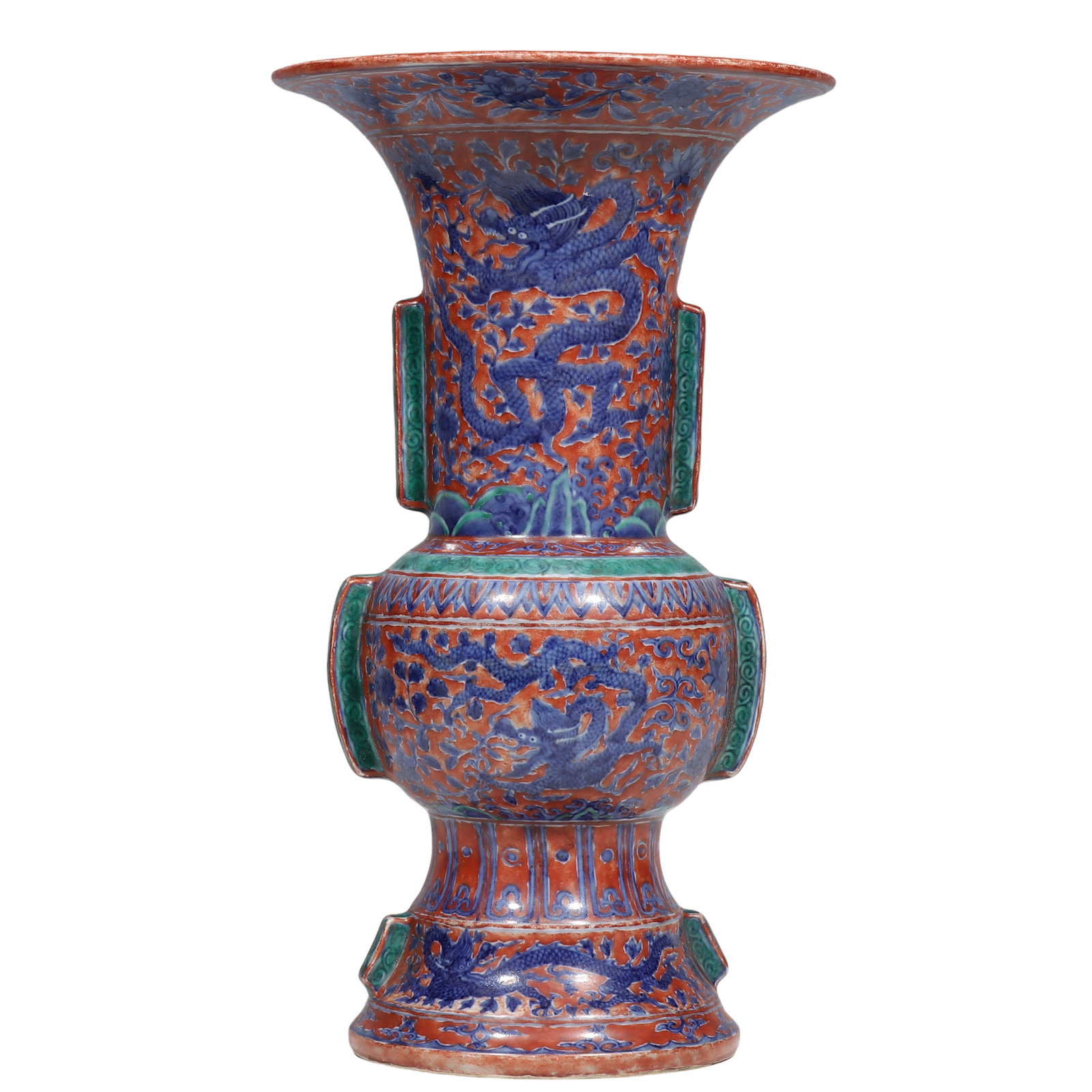 Ming Wanli Underglaze?Blue Red?Ground Gu?shaped Vase With Dragon Motifs: Dimensions?H.1.001ft?H.30.5 cm