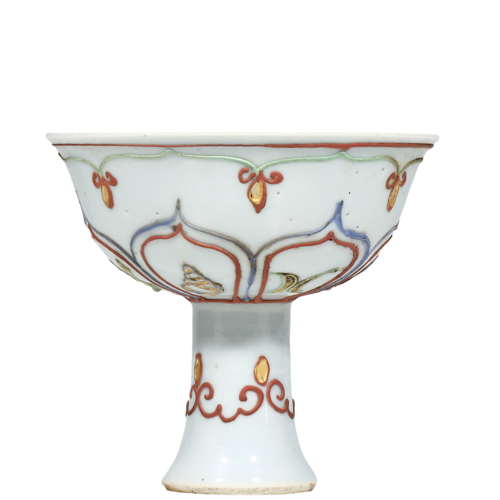 Yuan Dynasty Wucai Moulded Gilt?Decorated Stem Cup with Eight Auspicious Symbols and Sanskrit (1 of 6)