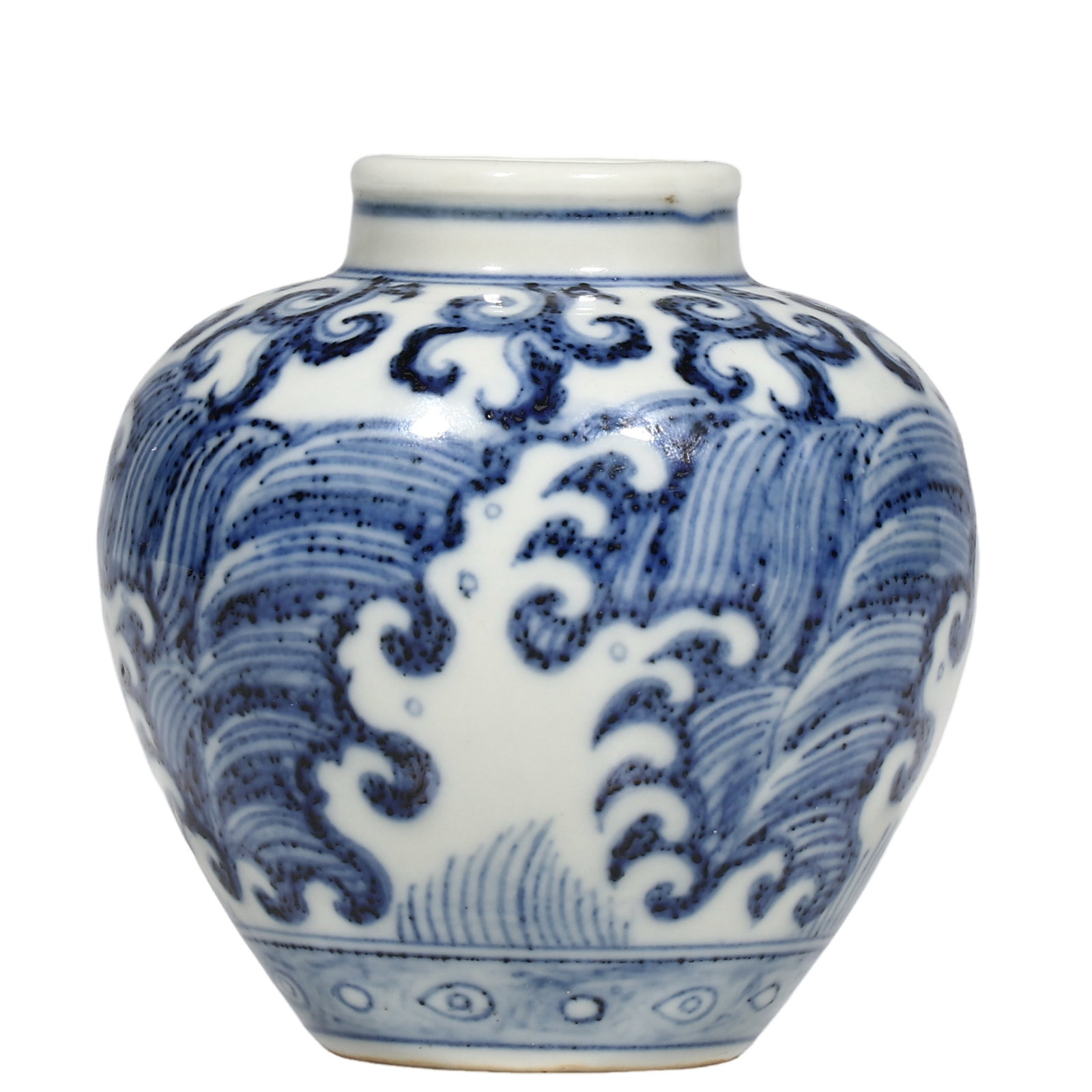 Ming Xuande Period Blue and White Small Jar with Ocean Wave and Scroll Grass Pattern: Dimensions?H.0.344ft?H.10.5cm