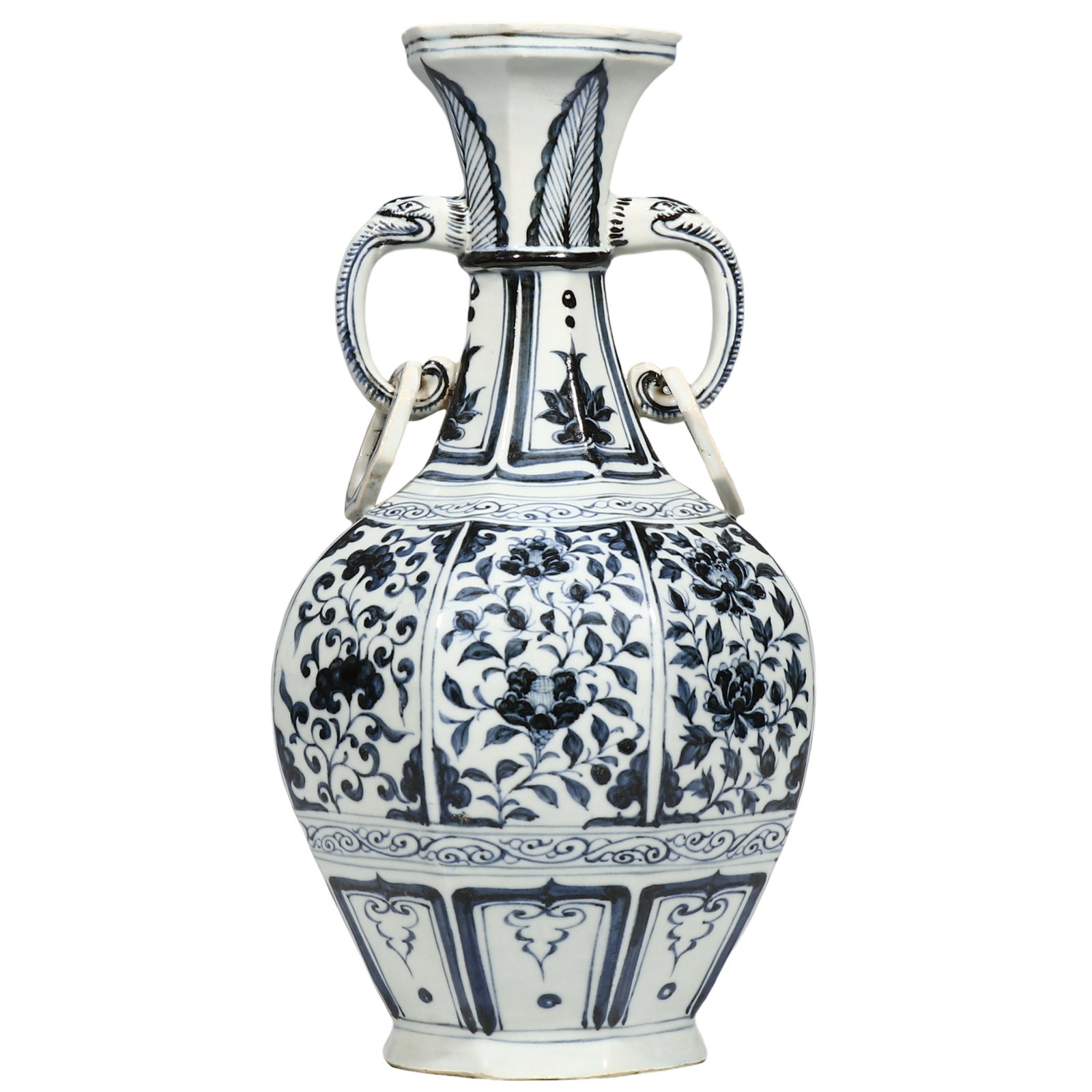 Yuan Dynasty Blue and White Octagonal Vase with Elephant?Head Handles and Hanging Rings,: Dimensions?H.0.984ft?H.30cm? Condition & Provenance?The vase is entirely complete without penetrating cracks,hairlines or glued restorations.Minor age?related glaze loss on rim from long?term circulat