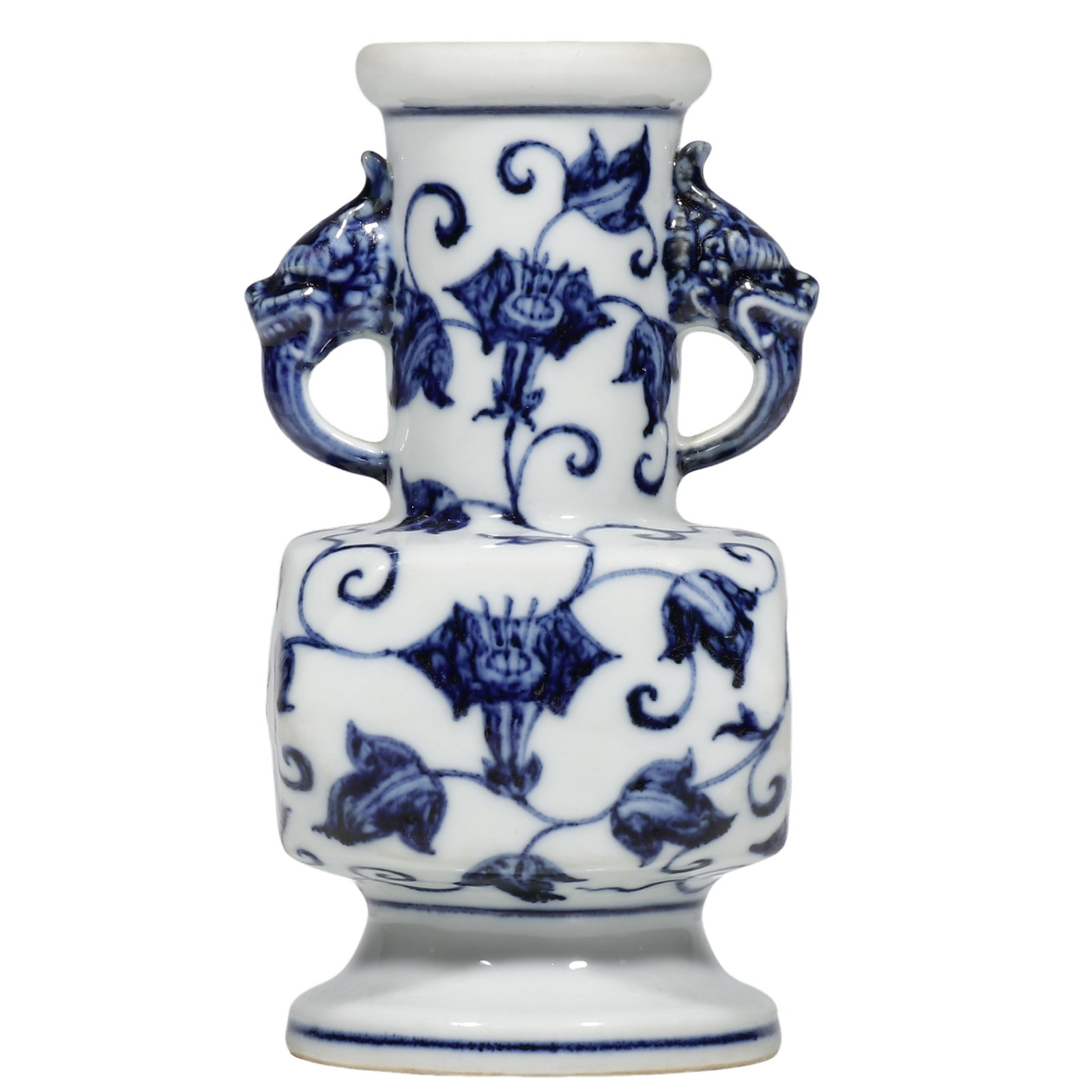 Ming Xuande Blue?and?White Square Vase with Beast?Handles and Morning?Glory Scroll: Dimensions?H.16cm?H.0.525ft? Condition & Provenance?The vase is intact, no cracks, chips on mouth, body and beast?handles. The glaze bears soft lustre and natural aged patina. Slight wear and faint ir