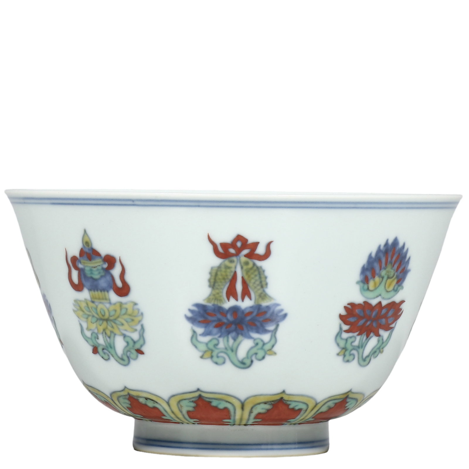 Ming Chenghua Period Doucai Eight?Auspicious?Symbols Bowl: Dimensions?H.9.2cm?Diam.16cm Condition & Provenance?Fully intact, no cracks or chips. Doucai enamels well?preserved with natural aged patina. Old trace on foot?ring. No modern restoration, no chemical