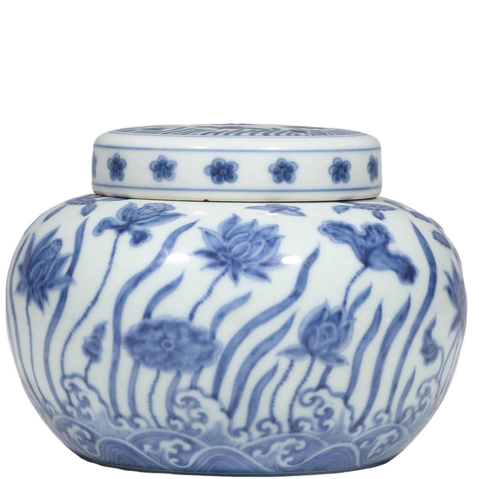 Chenghua Period Ming Dynasty Blue and White Covered Jar with Lotus Pond Pattern: Dimensions?H.12.3cm Condition & Provenance?Original jar and cover, complete intact, no cracks or chips. Well?preserved cobalt pigment, glossy soft glaze, natural aged patina on foot?ring, no restorati