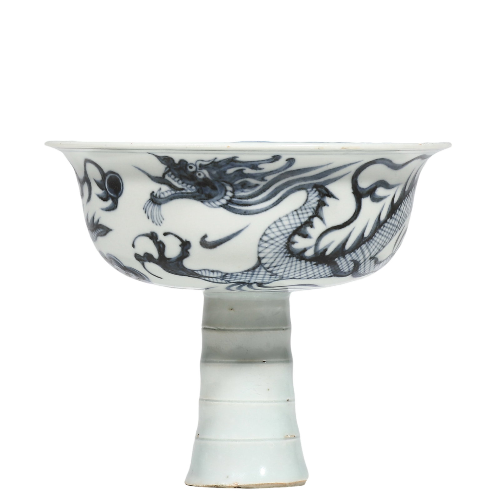 Yuan Dynasty Blue?and?White Stem Bowl, Dragon Exterior and Crane?Bamboo?Fruit Interior: Dimensions?H.10.2 cm, Diam.12.5 cm Condition & Provenance?Overall complete, minor age?related wear along rim, glaze intact, no cracks, no chips, all painted motifs well preserved, clear bamboo?joint r