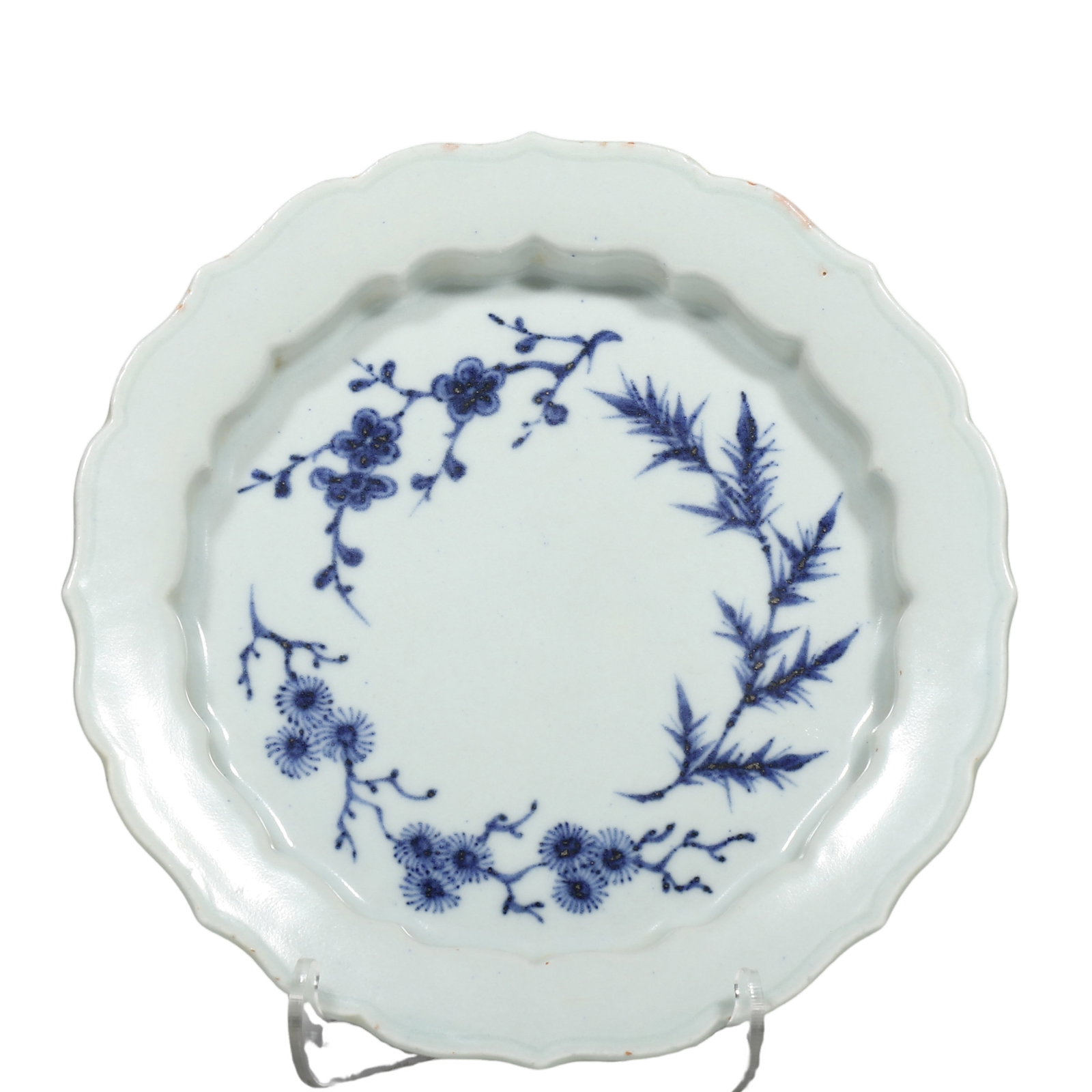 Yuan Dynasty Blue?and?White Foliate?Rim Plate with Three Friends of Winter Motif (1 of 6)