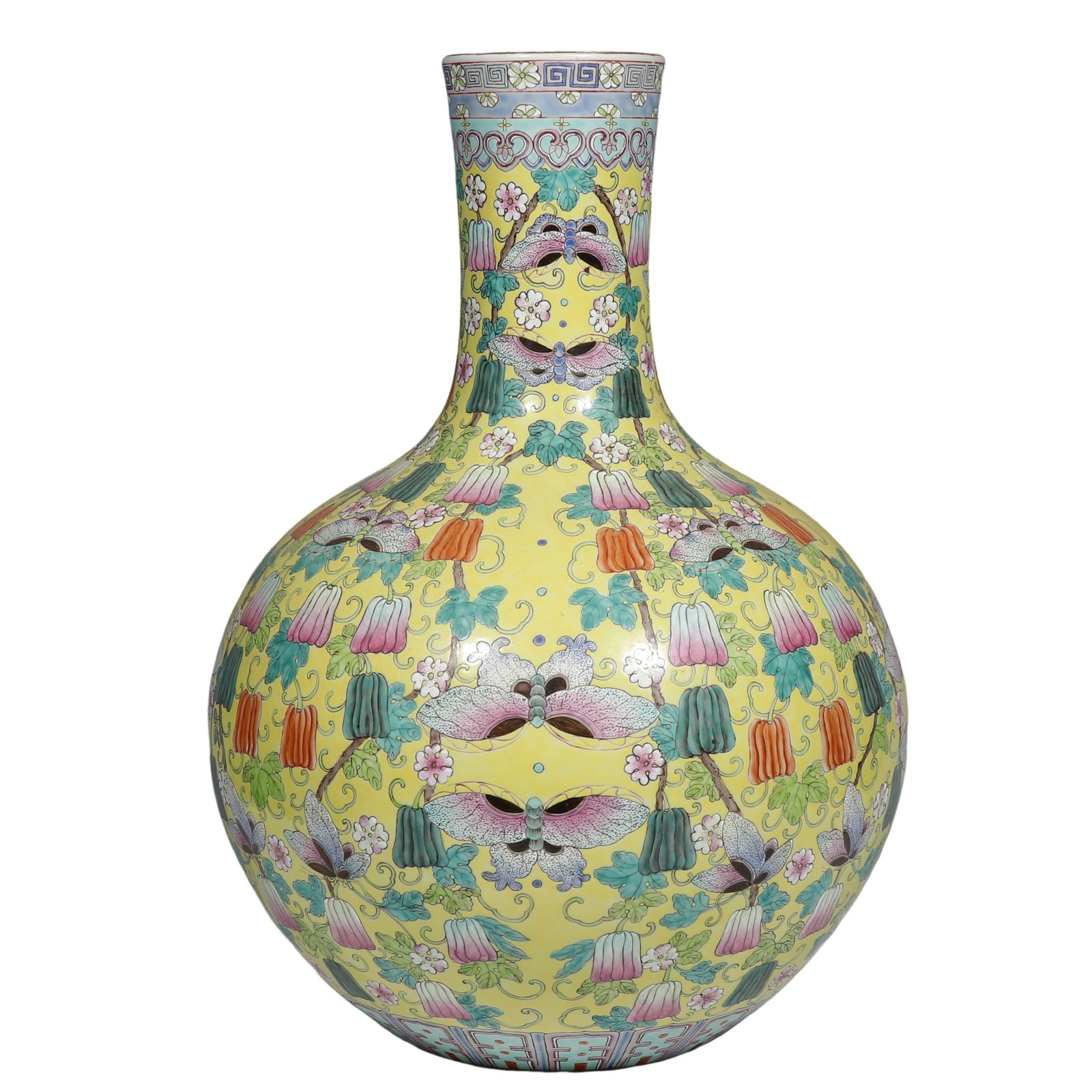 Qianlong Period Yellow?Ground Famille Rose Globular Vase with Melon and Butterfly Motif, Marked (1 of 6)
