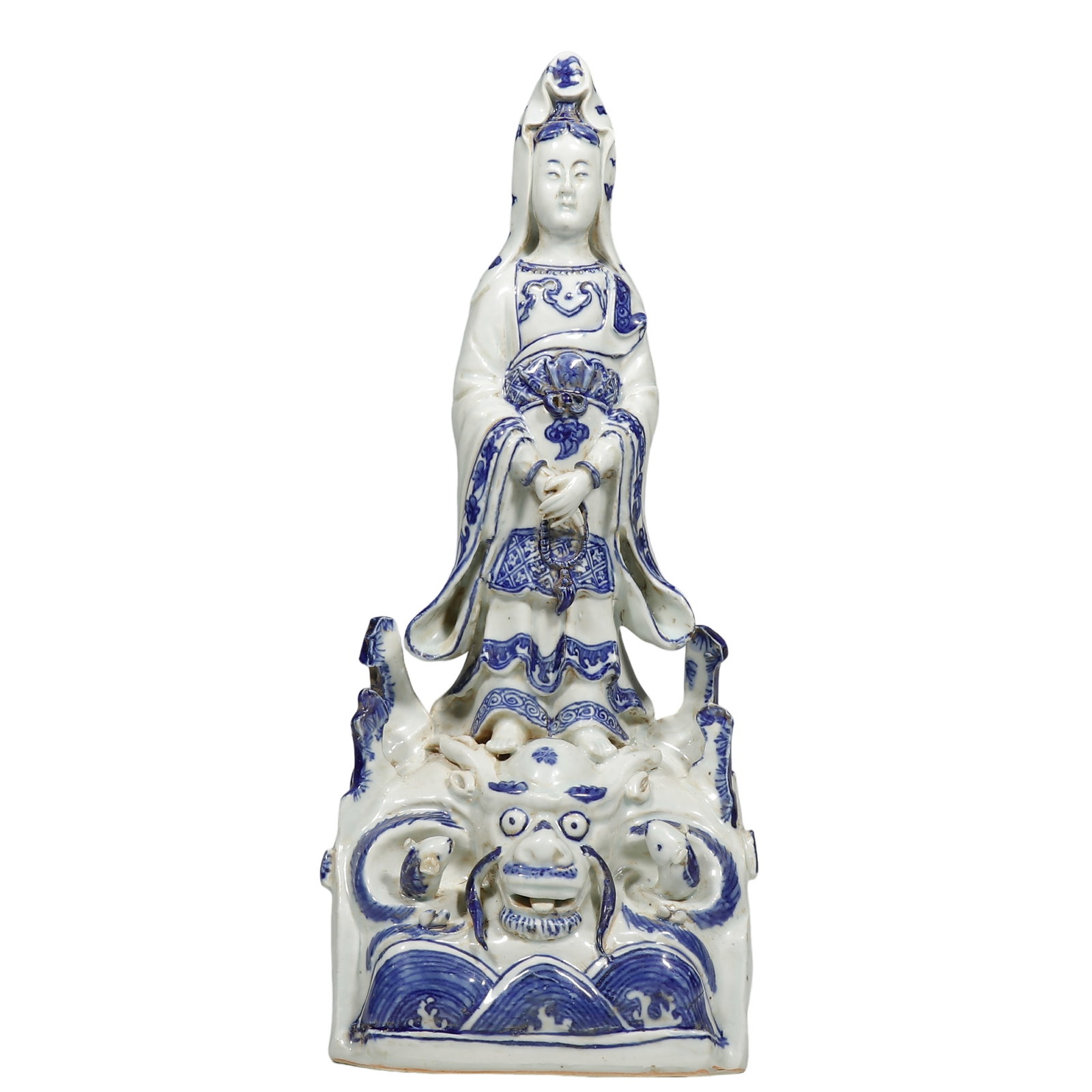 Yuan Dynasty Blue and White Porcelain Guanyin Seated on Mythical Beast Statue: Dimensions?H.35 cm Condition & Provenance?The statue is overall intact, with minor old nicks on partial edges. Blue?and?white pigment well?preserved, glaze bears antique patina. Unglazed base with age