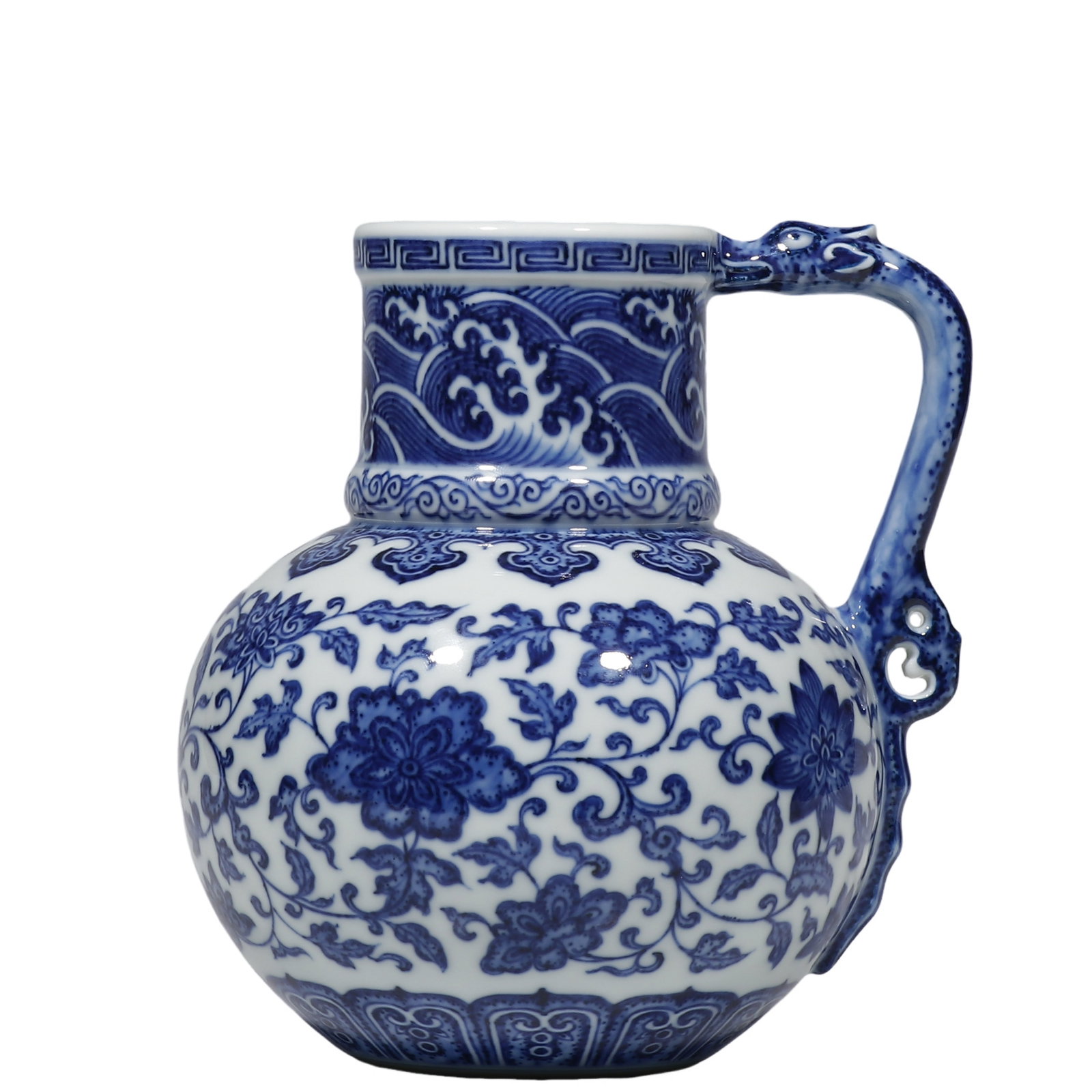 Qing Dynasty, Yongzheng Period Blue and White Dragon?Handled Ewer with Interlocking Lotus: Dimensions?H.17 cm Condition & Provenance?Perfect condition, bright and lustrous glaze, pure cobalt?blue tone, clear reign mark. No cracks, chips or restoration, no chemical cleaning; Private collecti