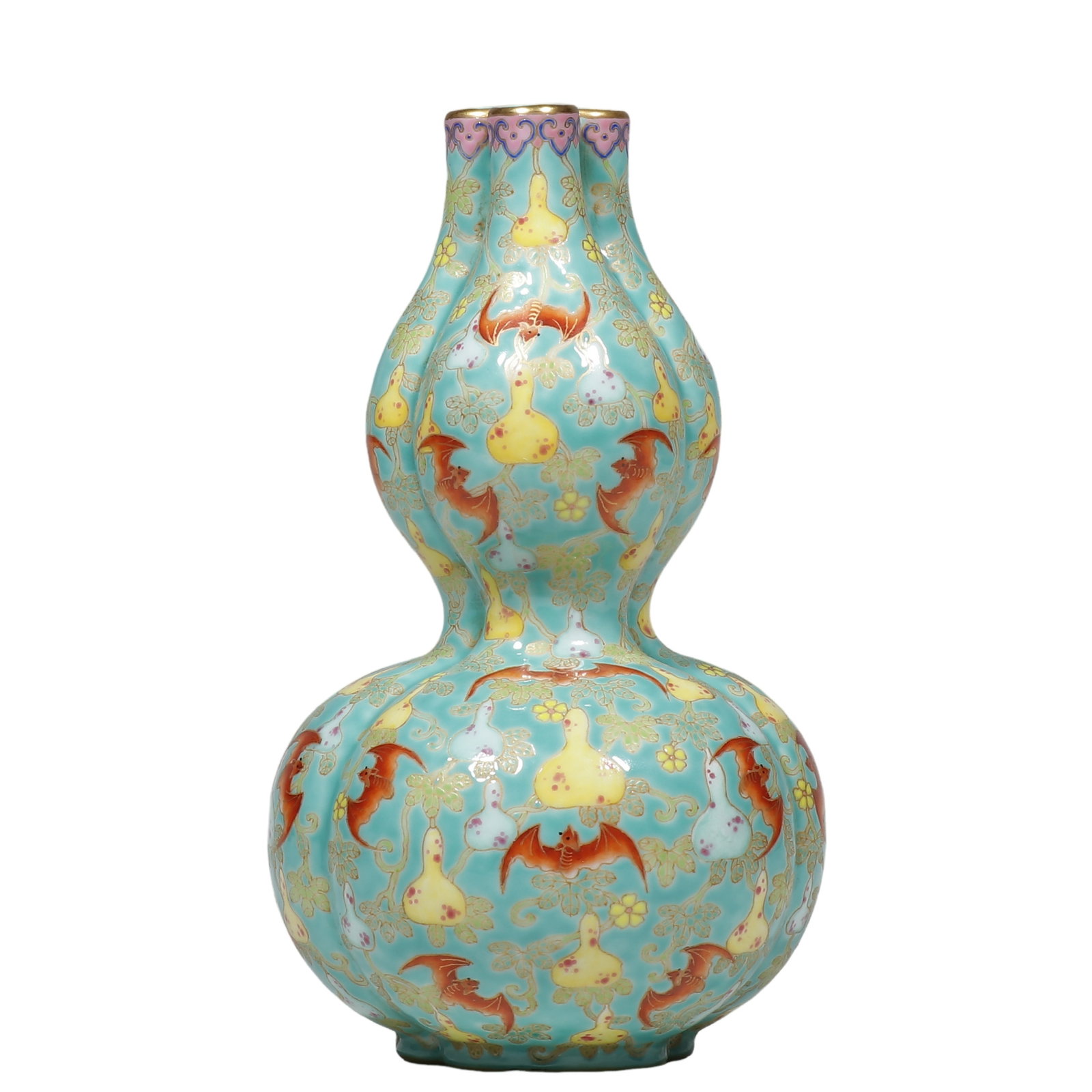 Qing Dynasty Qianlong Period Turquoise?Ground Famille?Rose Gilt?Decorated Three?Spout Gourd: Dimensions?H.20 cm (7?7/8 in) Condition & Provenance?The vase remains fully intact. Gilding at mouth rim and foot rim bears natural age?related wear from long?term inheritance. The glaze stays glossy 